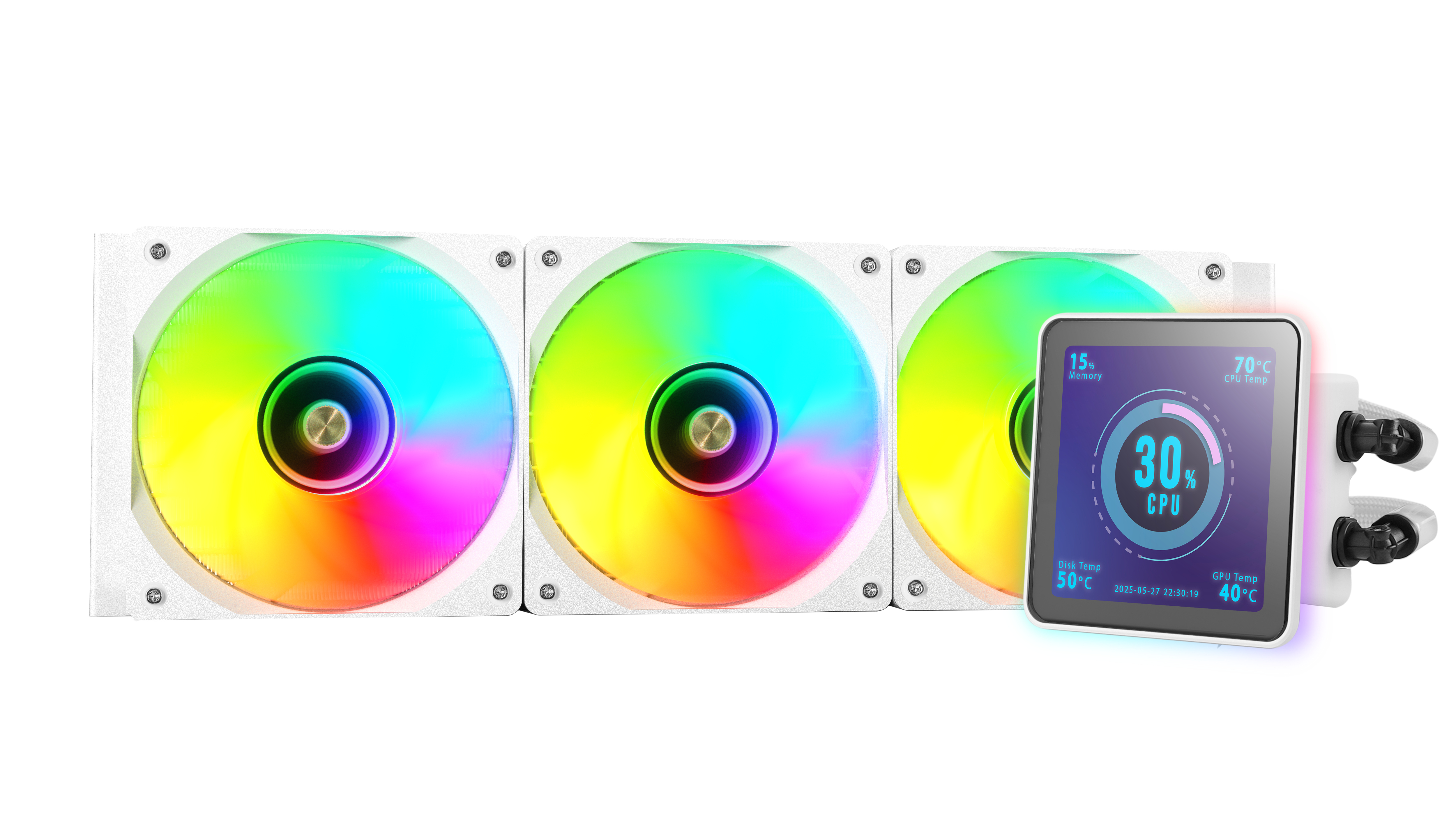 Tres ventiladores blancos con luces de arcoíris. Una pantalla muestra datos de CPU, memoria y temperatura. Fondo blanco.
