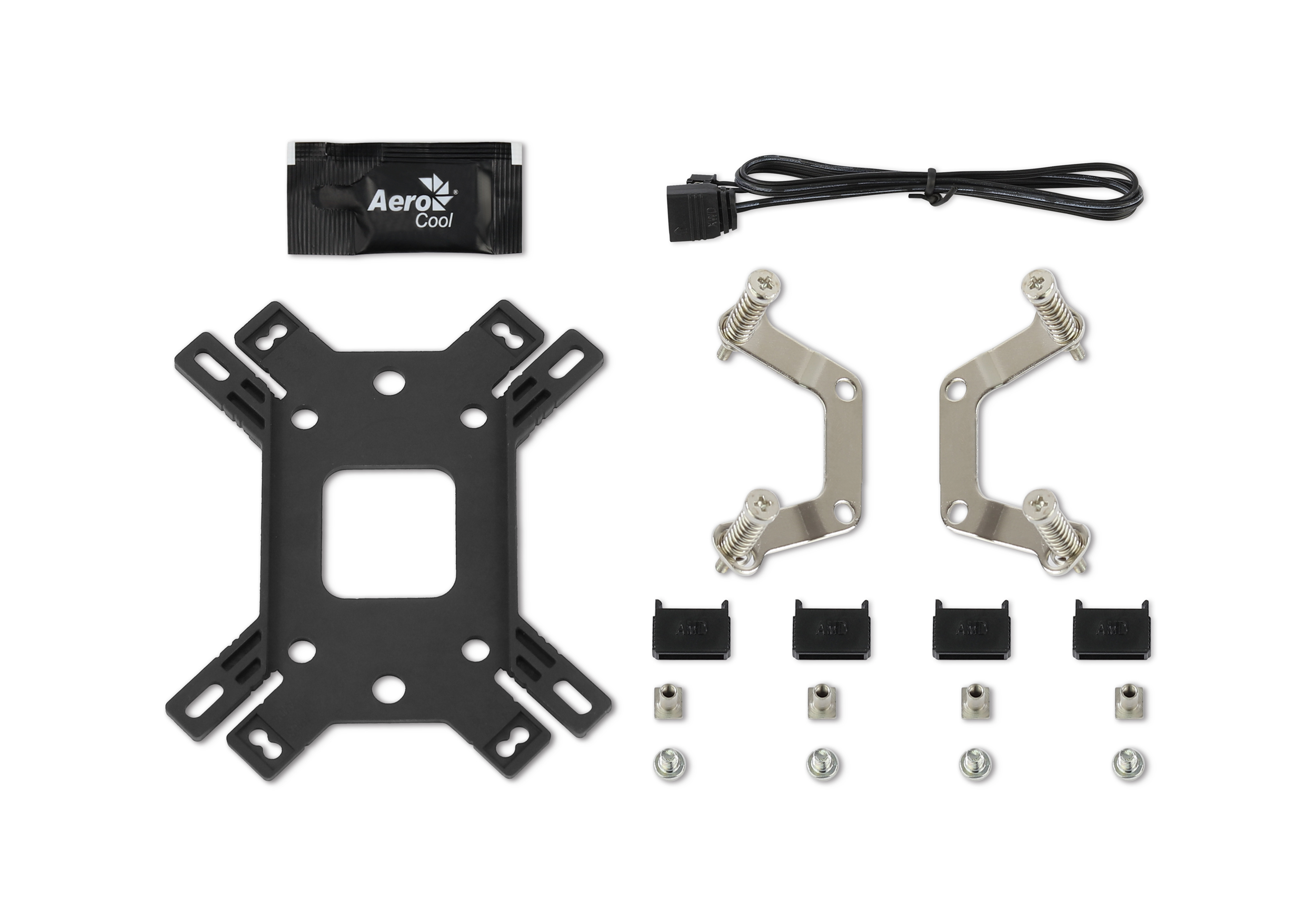 Zestaw chłodzenia komputera jest rozłożony. Zawiera czarny wspornik, metalowe podpory, śruby i czarny kabel.