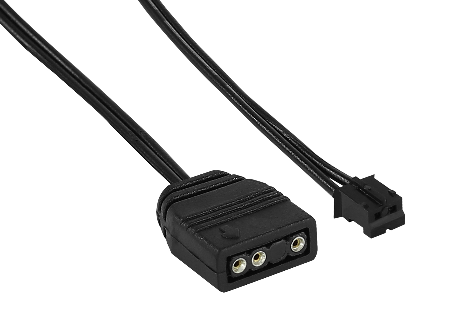 Czarny kabel złączeniowy z 3-pinowym złączem i 4-pinowym złączem na białym tle.