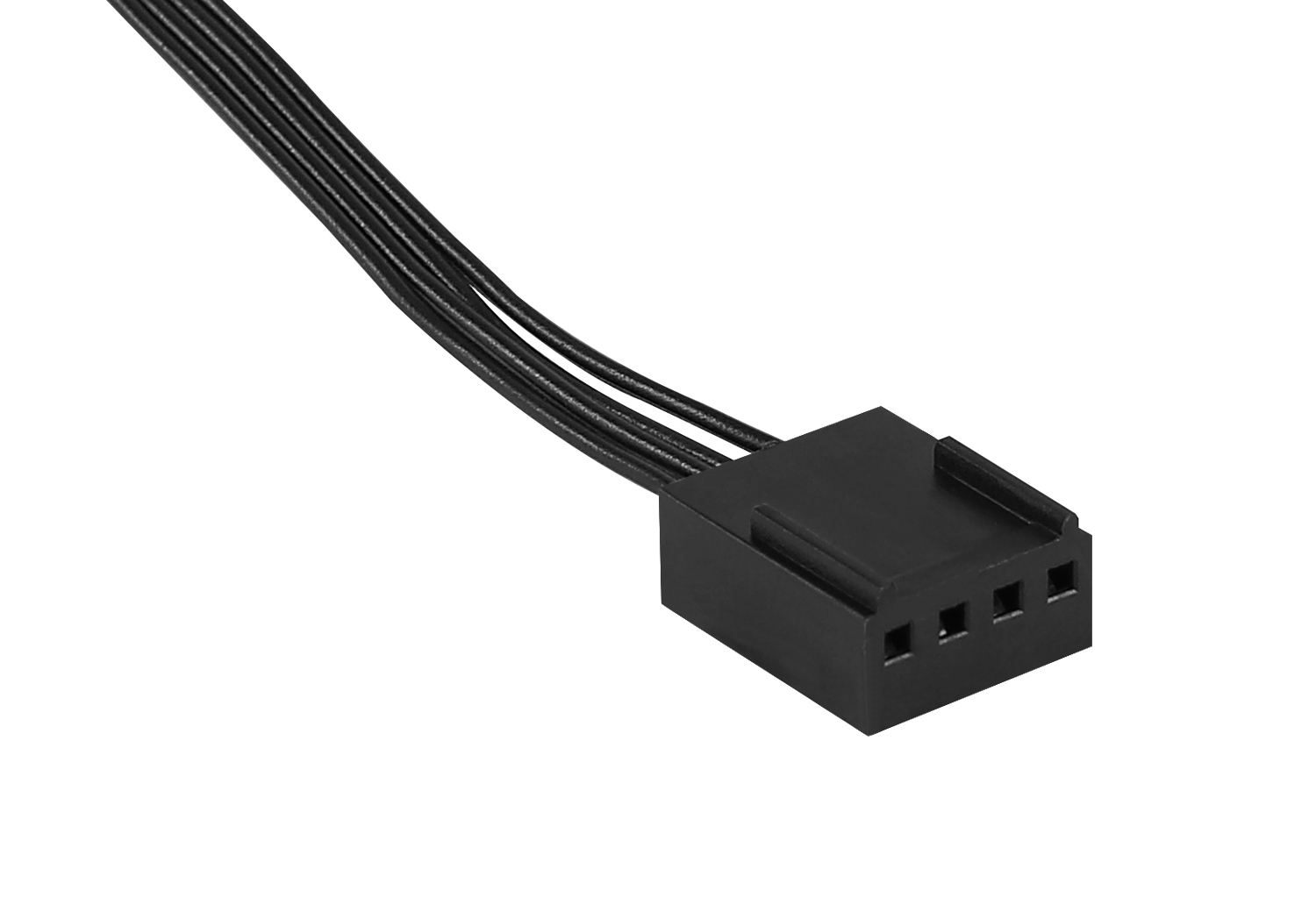 Czarny konektor z czterema przewodami i czterema otworami, na białym tle. Przewody wychodzą z konektora.