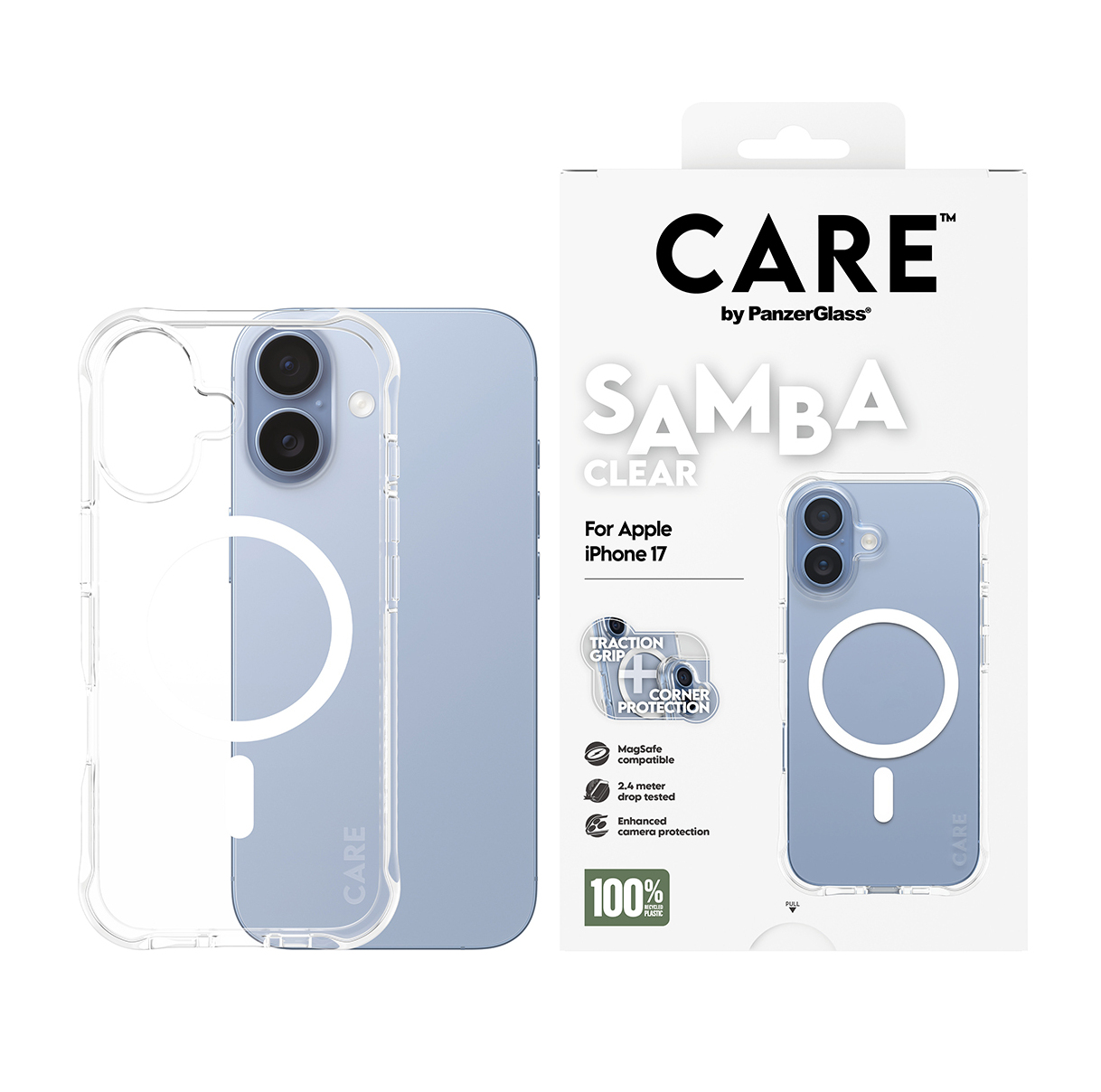 Une coque de téléphone transparente à côté de l'emballage. L'emballage porte la marque CARE et le nom du produit SAMBA CLEAR.