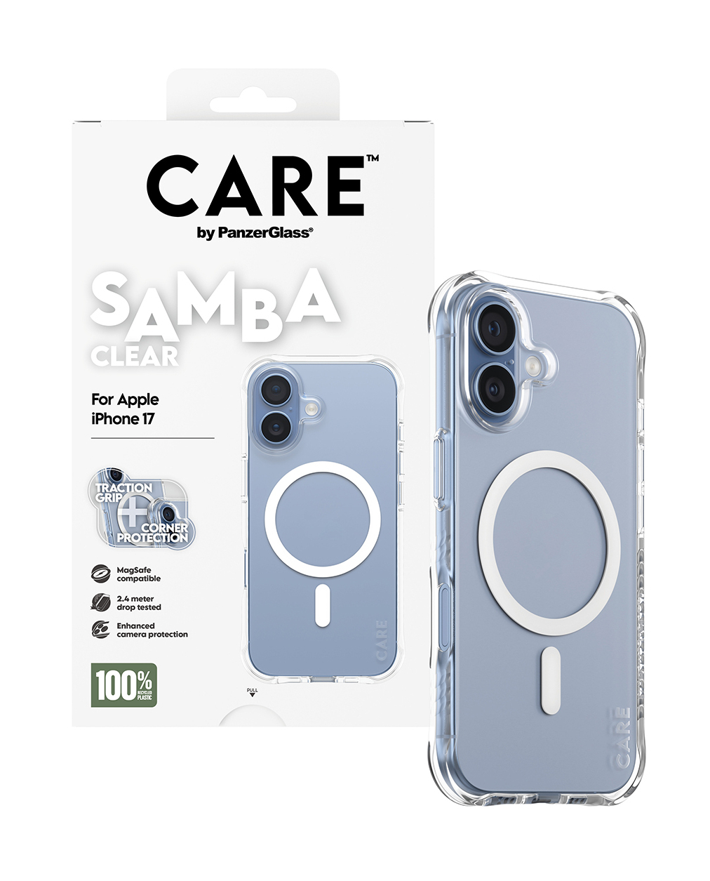 Un étui transparent pour iPhone 17 est présenté. L'emballage affiche la marque 'CARE' et des caractéristiques telles que l'adhérence et la protection des coins.