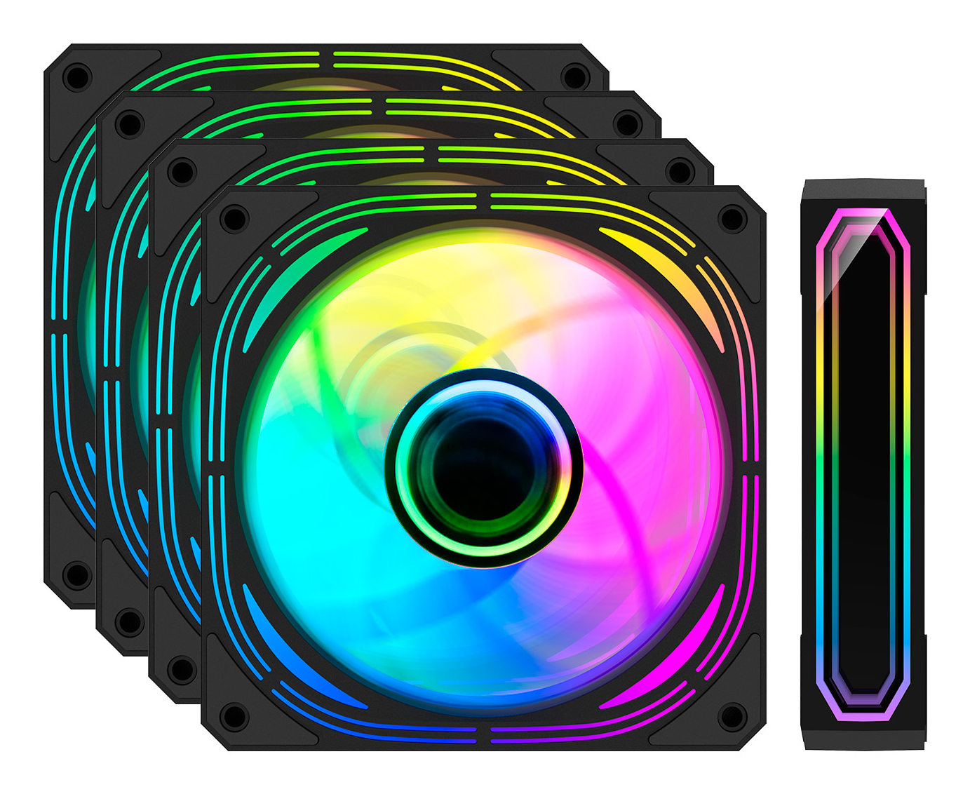 Varios ventiladores de computadora negros con luces LED de colores están en exhibición. También hay una vista lateral de una torre negra.