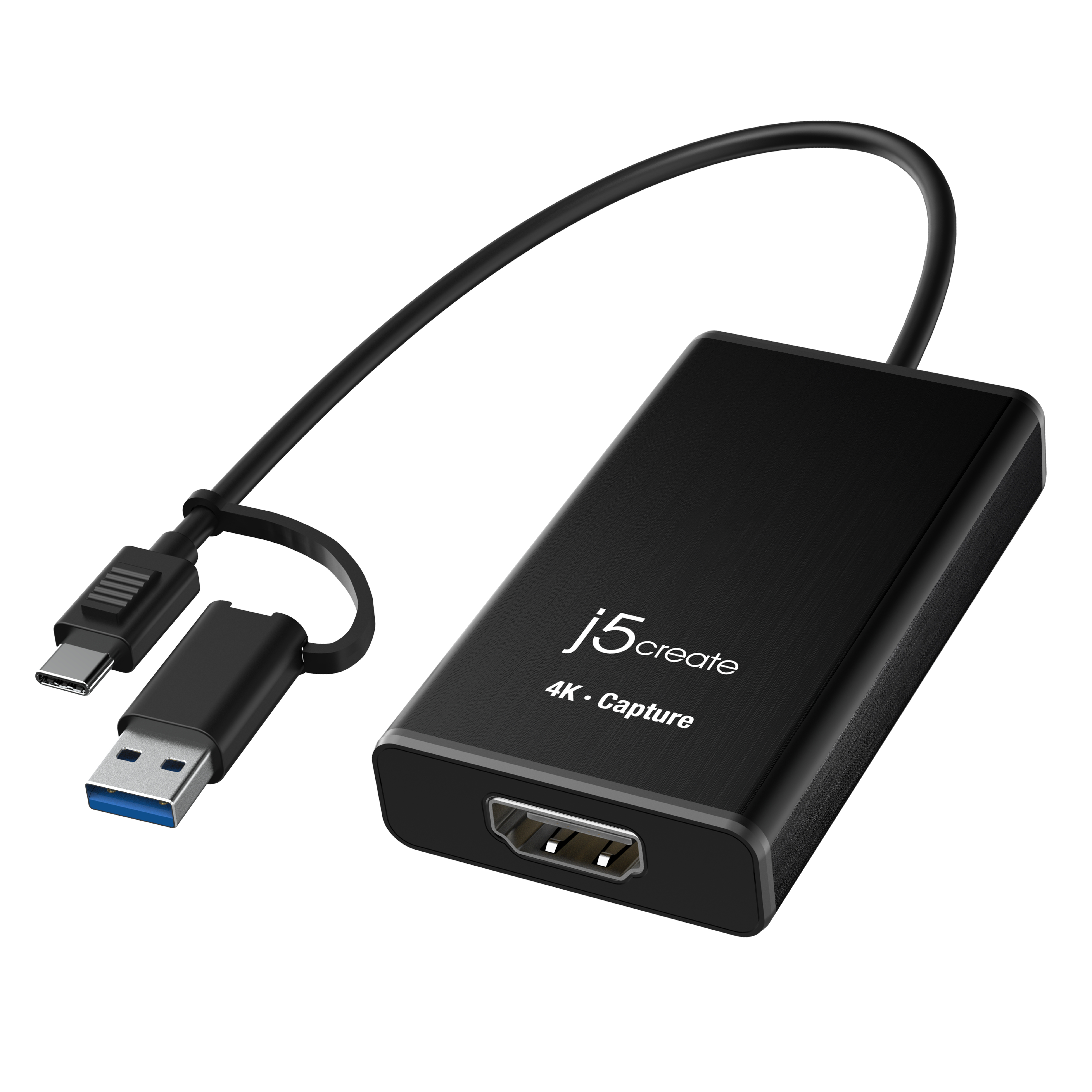 Dispositivo de captura 4K j5create negro con conectores USB y USB-C adjuntos. Fondo blanco.
