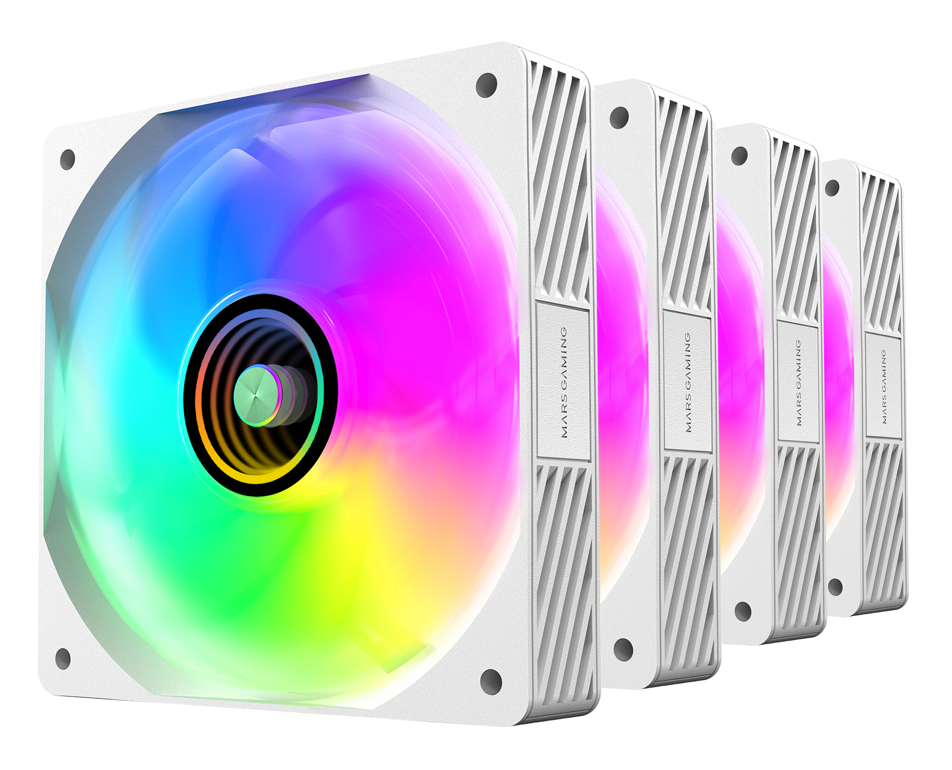 Ventiladores de computadora con luces RGB. Marcos blancos con la palabra MARS GAMING. Las luces son azules, verdes y rosas.