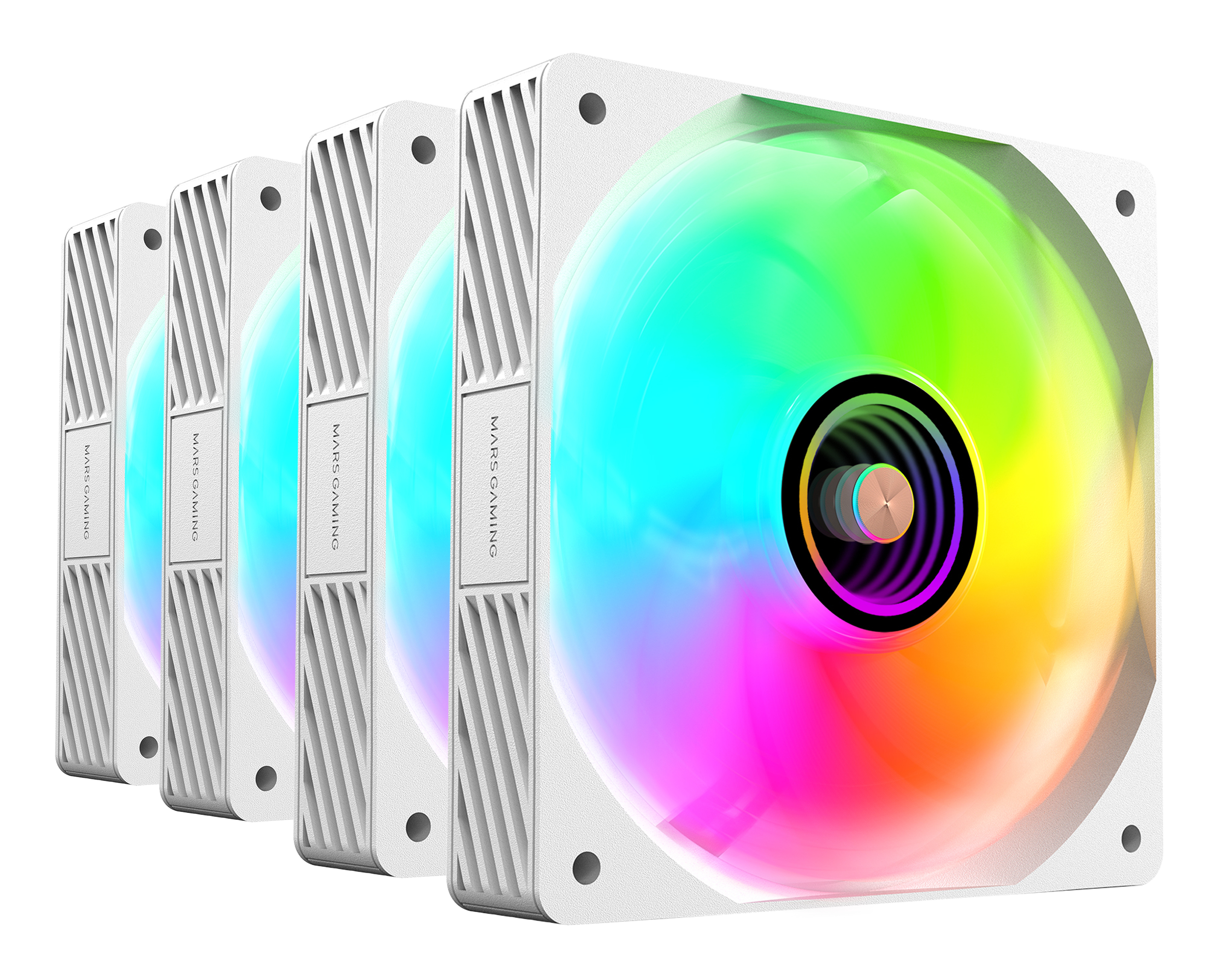 Varios ventiladores de computadora blancos con luces coloridas están dispuestos en fila, el central con vista detallada.