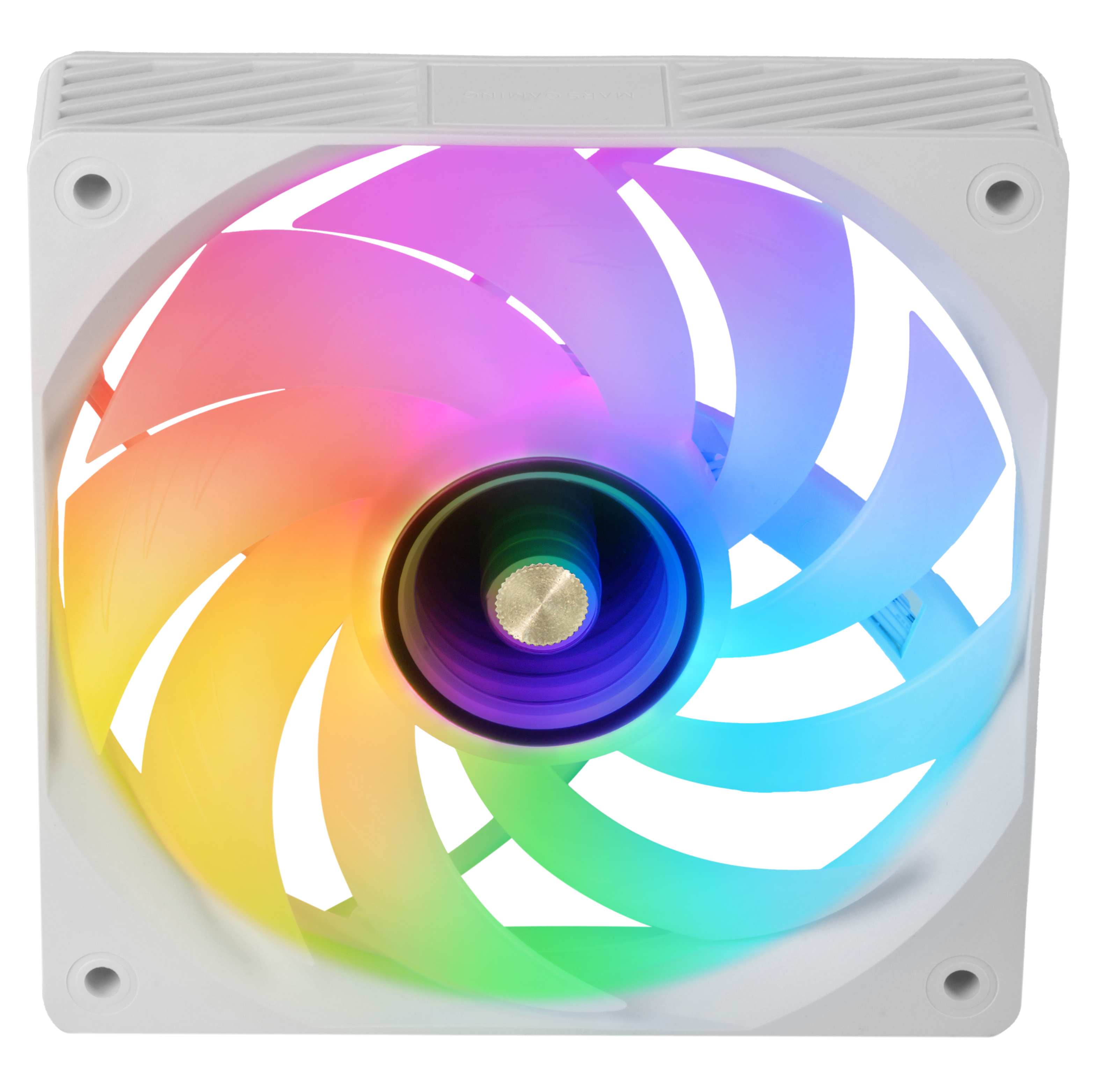 Un ventilador de computadora blanco con aspas de arcoíris. Tiene un cubo central y un marco blanco.
