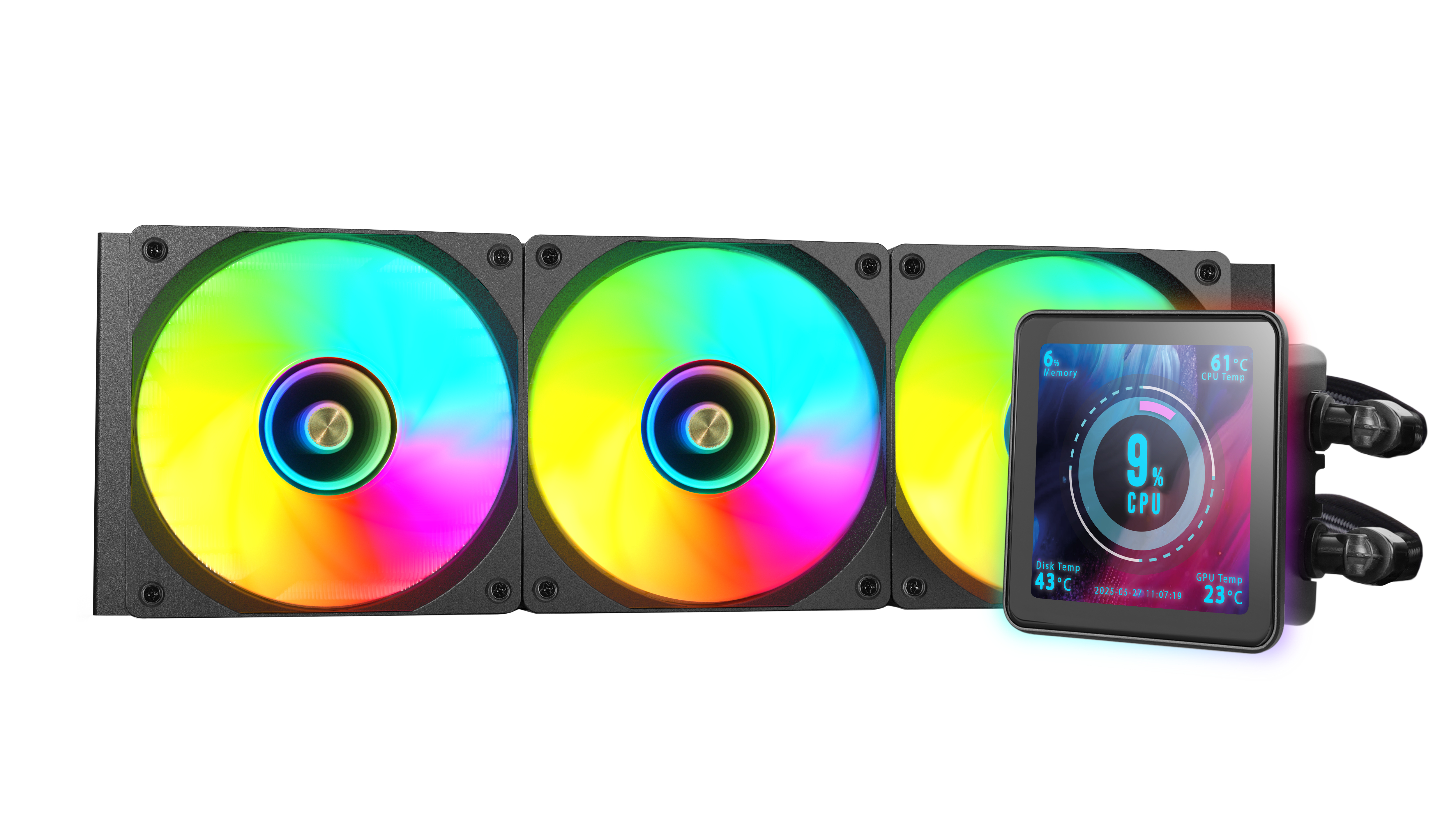 Un dissipatore a liquido per computer con tre ventole RGB e un display digitale che mostra la CPU e altre temperature di sistema.
