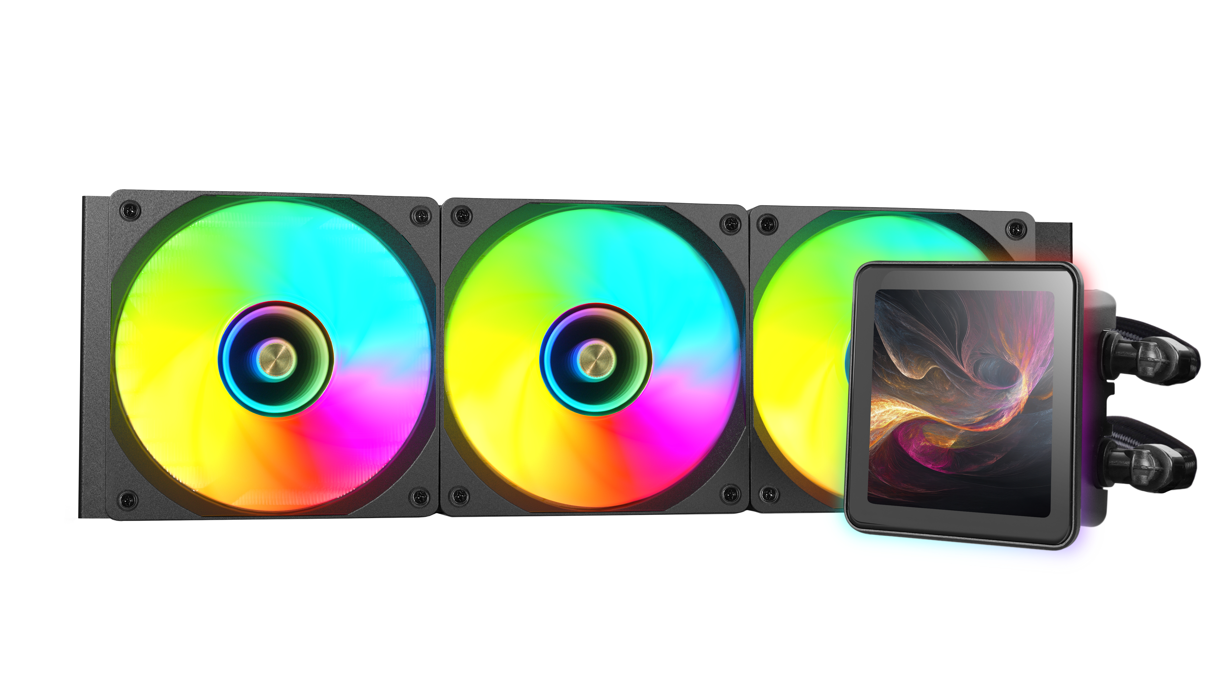 Tre ventole RGB con uno schermo che mostra un'immagine astratta colorata. Le ventole sono nere, lo schermo è nero.