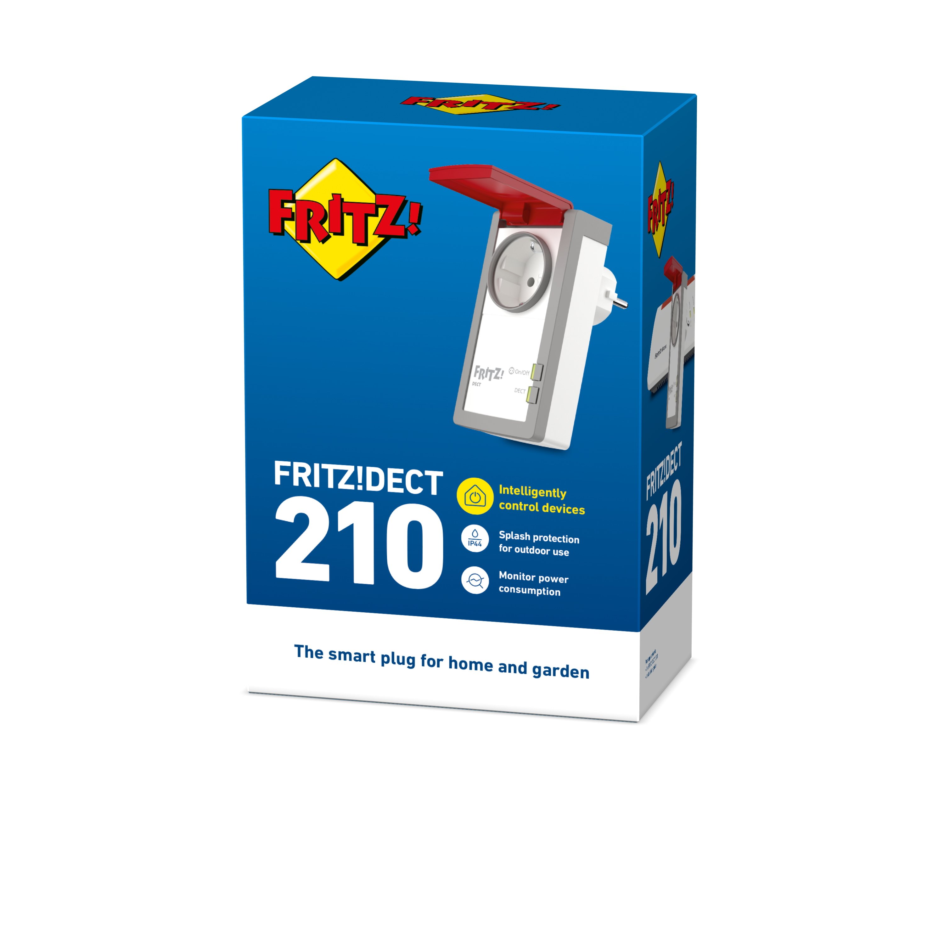Caja con enchufe inteligente FRITZ!DECT 210. Características: control inteligente, protección contra salpicaduras y monitorización.