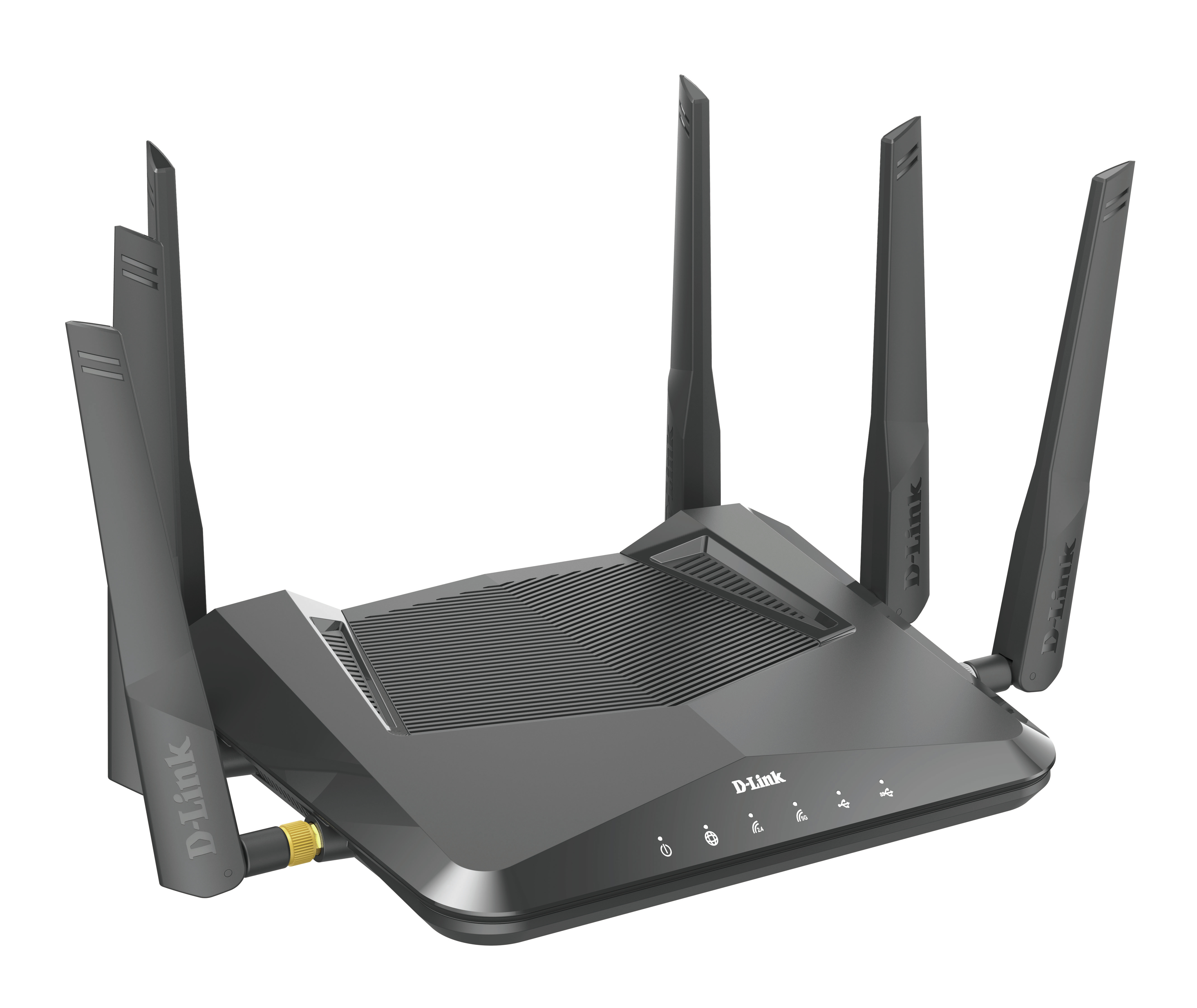 Un router D-Link grigio con cinque antenne è mostrato su sfondo bianco. Il router ha diverse spie.