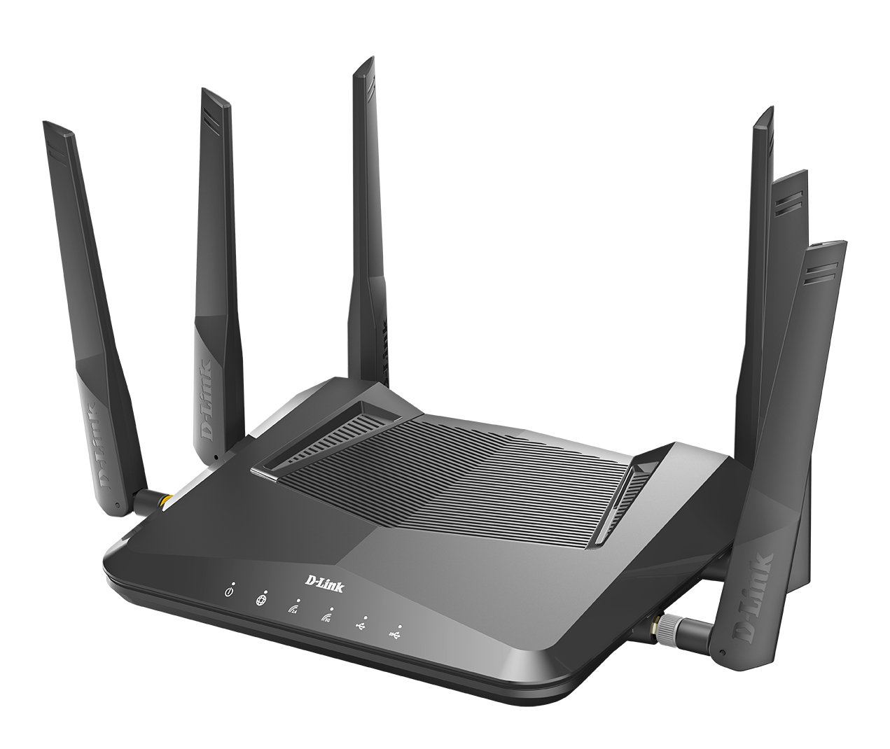 Un router D-Link nero con più antenne. Il router è su sfondo bianco. Ha spie luminose e un pulsante di accensione.