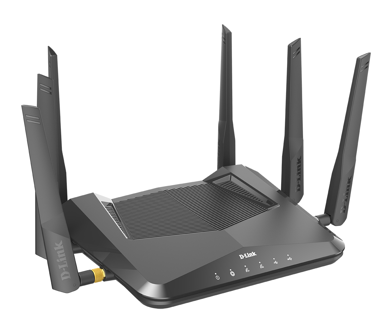 Un router D-Link con cinque antenne. È grigio, con il logo D-Link e diverse spie luminose sulla parte anteriore.