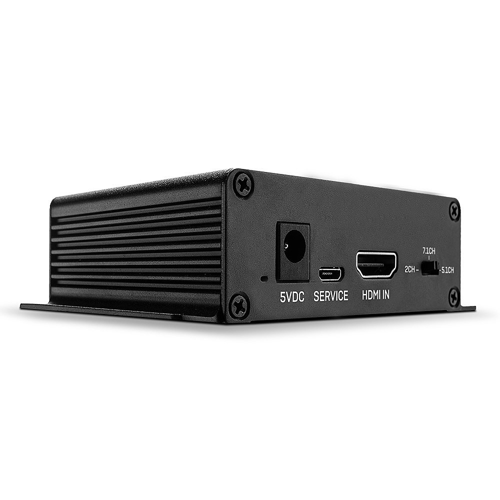 Schwarzes rechteckiges Gerät mit Anschlüssen: 5VDC, Service, HDMI IN und 7.1CH, 2CH, 5.1CH. Schrauben sichern die Ober- und Seiten.