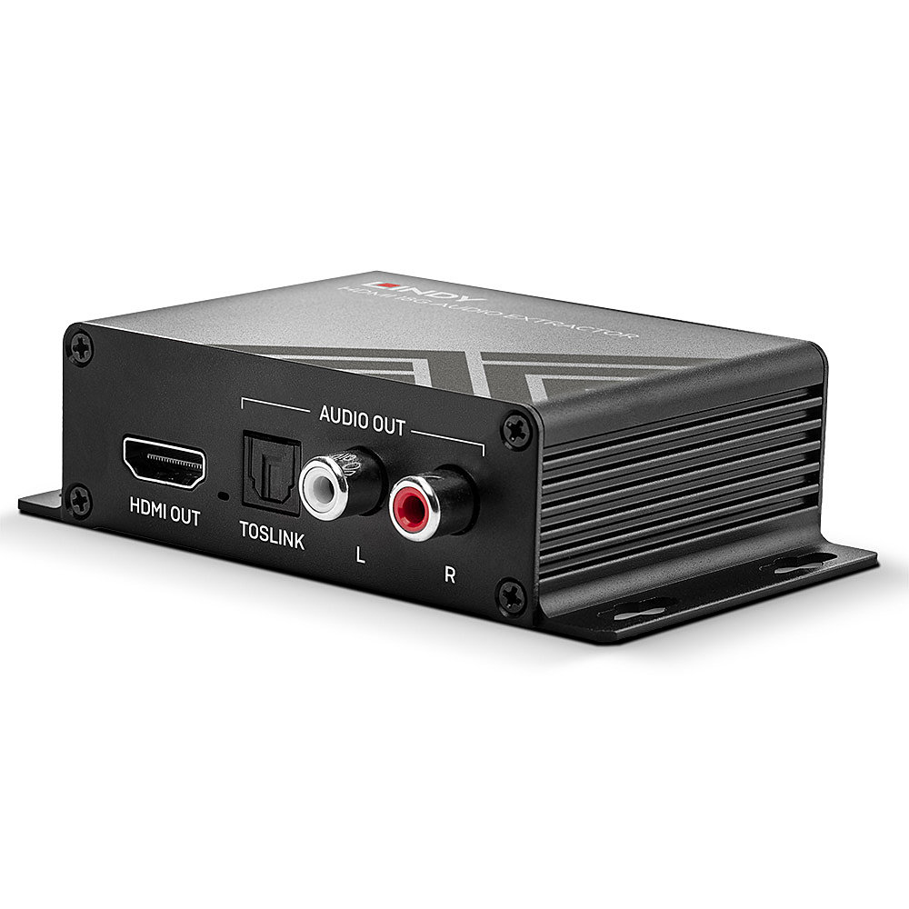 Ein schwarzes Audioextraktorgerät. Es hat HDMI-Ausgang, Toslink- und Audioausgänge. Das Gerät steht auf einer weißen Oberfläche.
