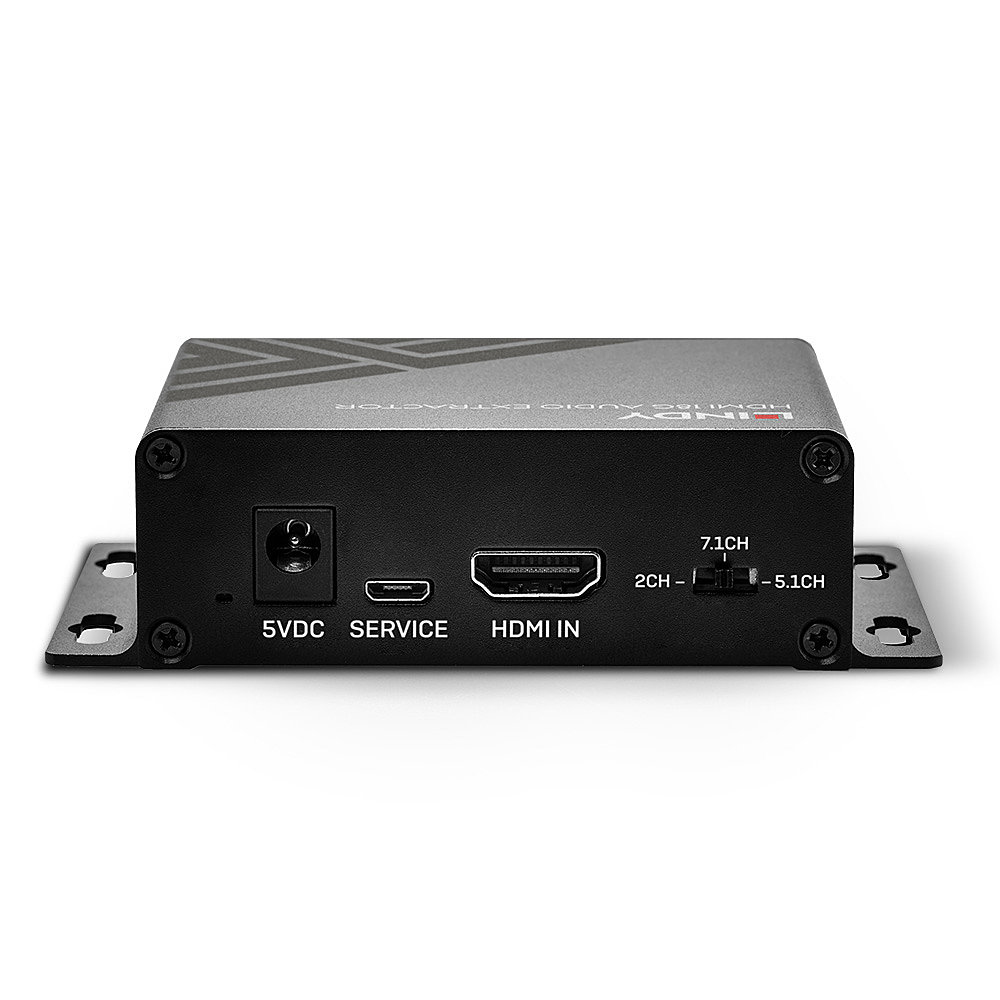 Ein schwarzer HDMI-Audio-Extraktor mit Anschlüssen für 5VDC, Service und HDMI IN. Ein Schalter für 2CH, 7.1CH und 5.1CH Audio.