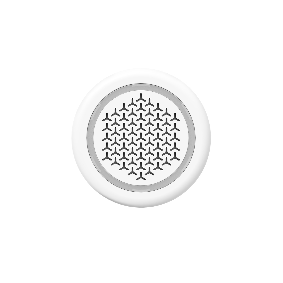 Ein weißes, rundes Gerät mit einem gemusterten schwarzen Grill in der Mitte. Ein silberner Ring umgibt den Grill und ein weißer Rand.
