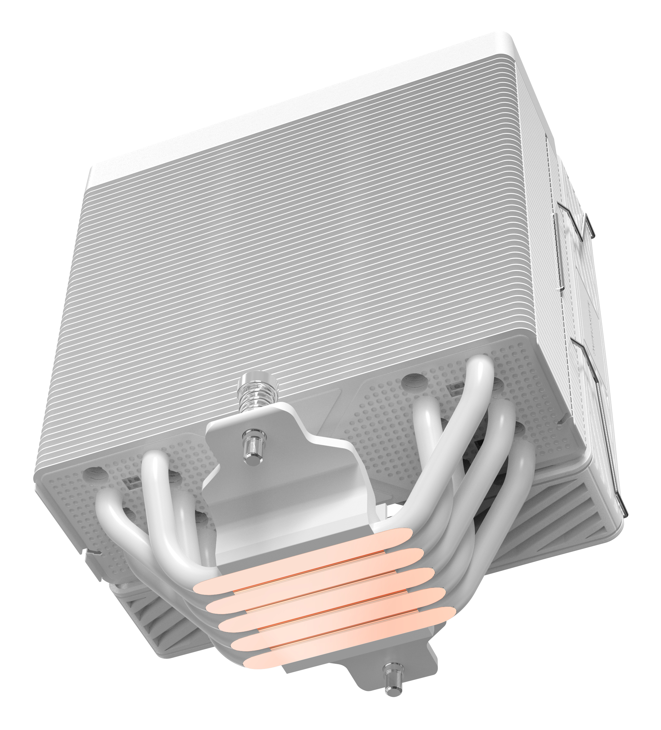 Un dissipatore CPU con alette bianche, tubi bianchi e heat pipe color rame.