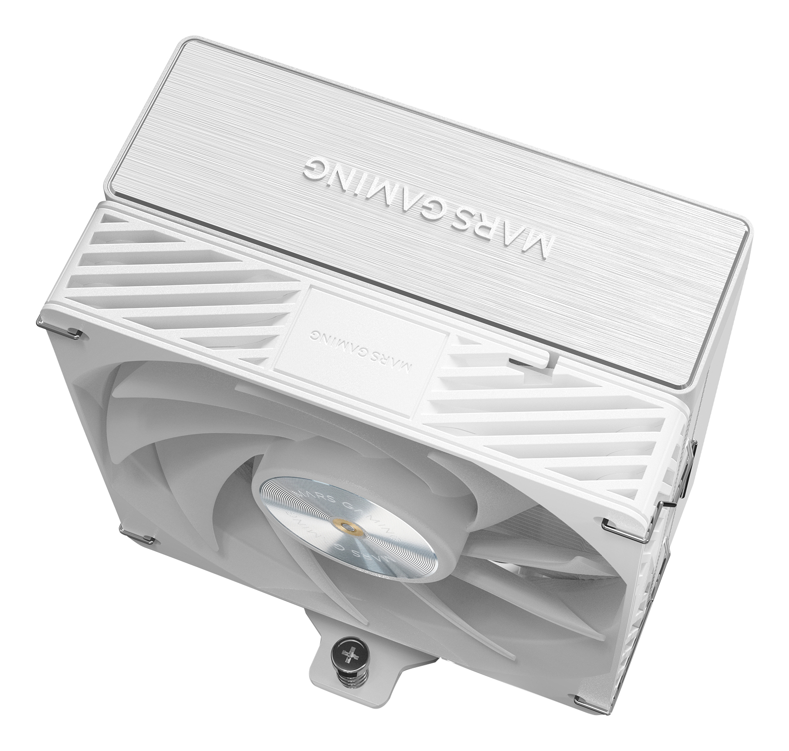Un dissipatore CPU MARS GAMING bianco. Ha una ventola e una copertura superiore con il nome del marchio. Lo sfondo è bianco.