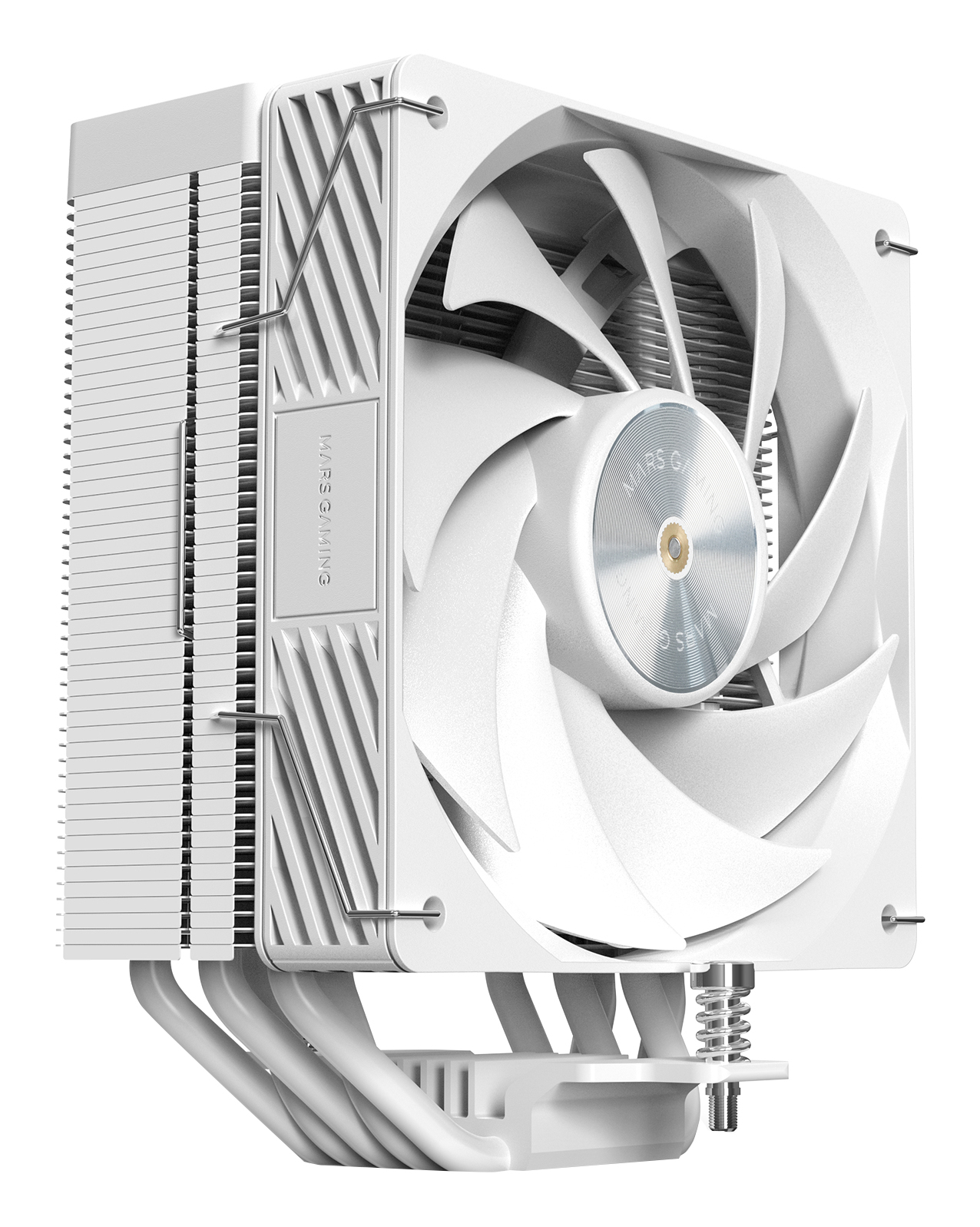 Ventola per computer bianca con pale, dissipatore e supporti metallici. Il marchio 'MARS GAMING' è visibile.