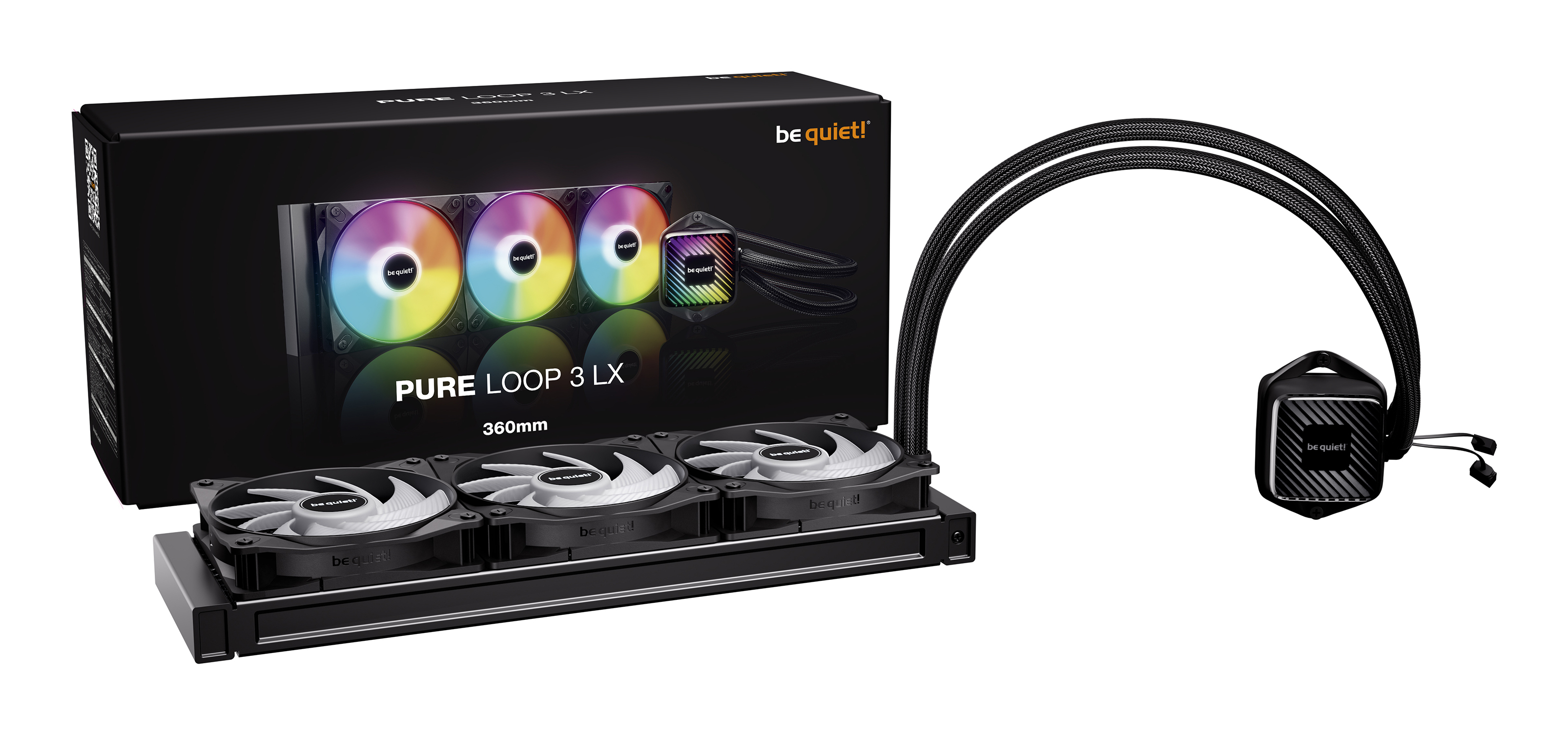 A computer liquid cooler kit with a box, fans, and tubes. The fans have colorful lights. The brand is be quiet!