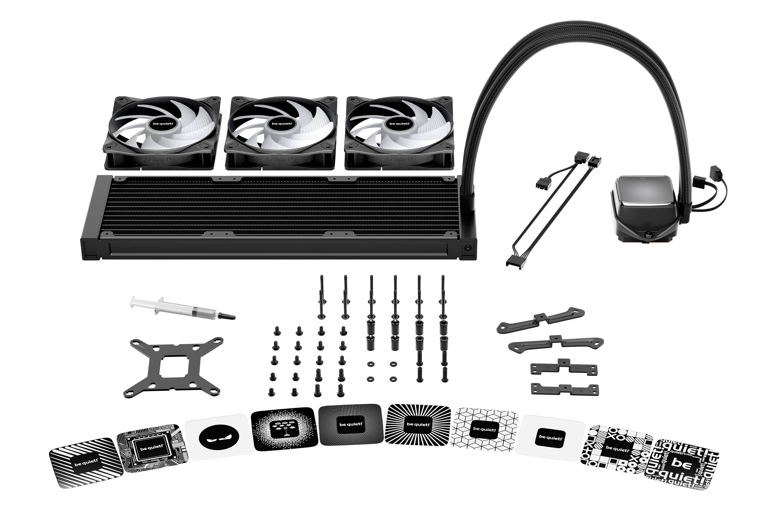 A computer liquid cooler kit with fans, radiator, tubing, and mounting hardware is displayed on a white surface.