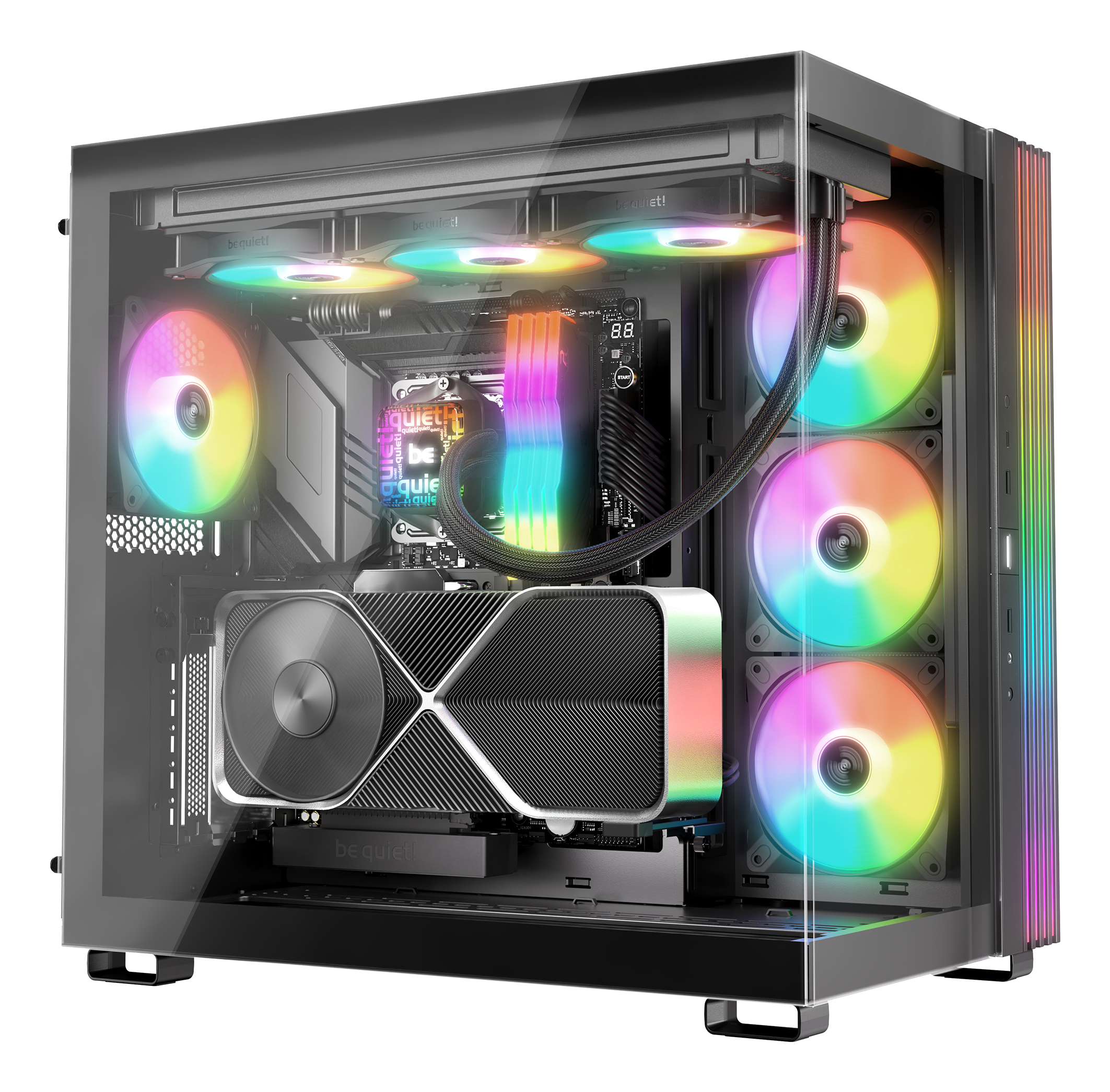 A computer case with rainbow-colored fans and components inside. A graphics card is visible.