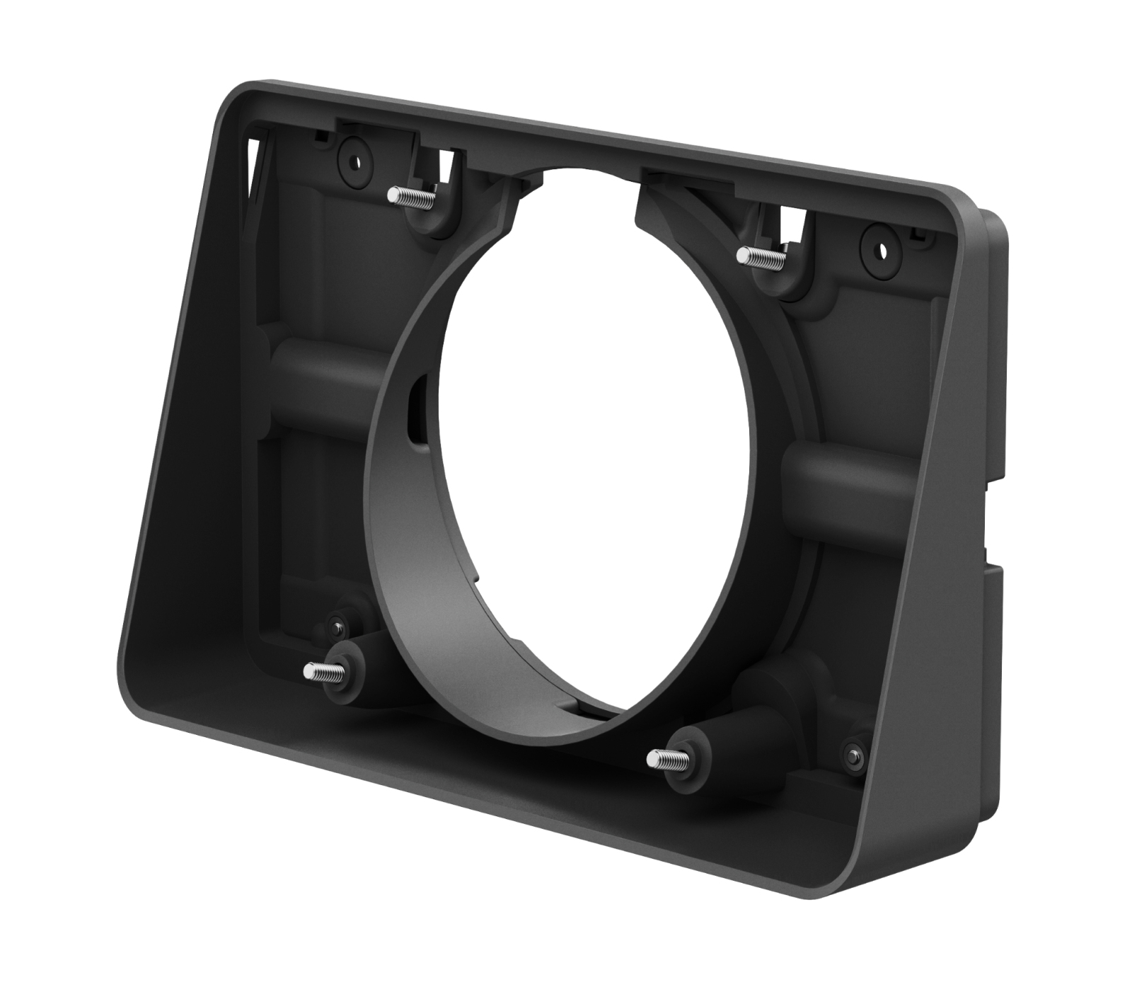 Un soporte de plástico gris oscuro con una abertura circular. Se ven tornillos. Fondo blanco.