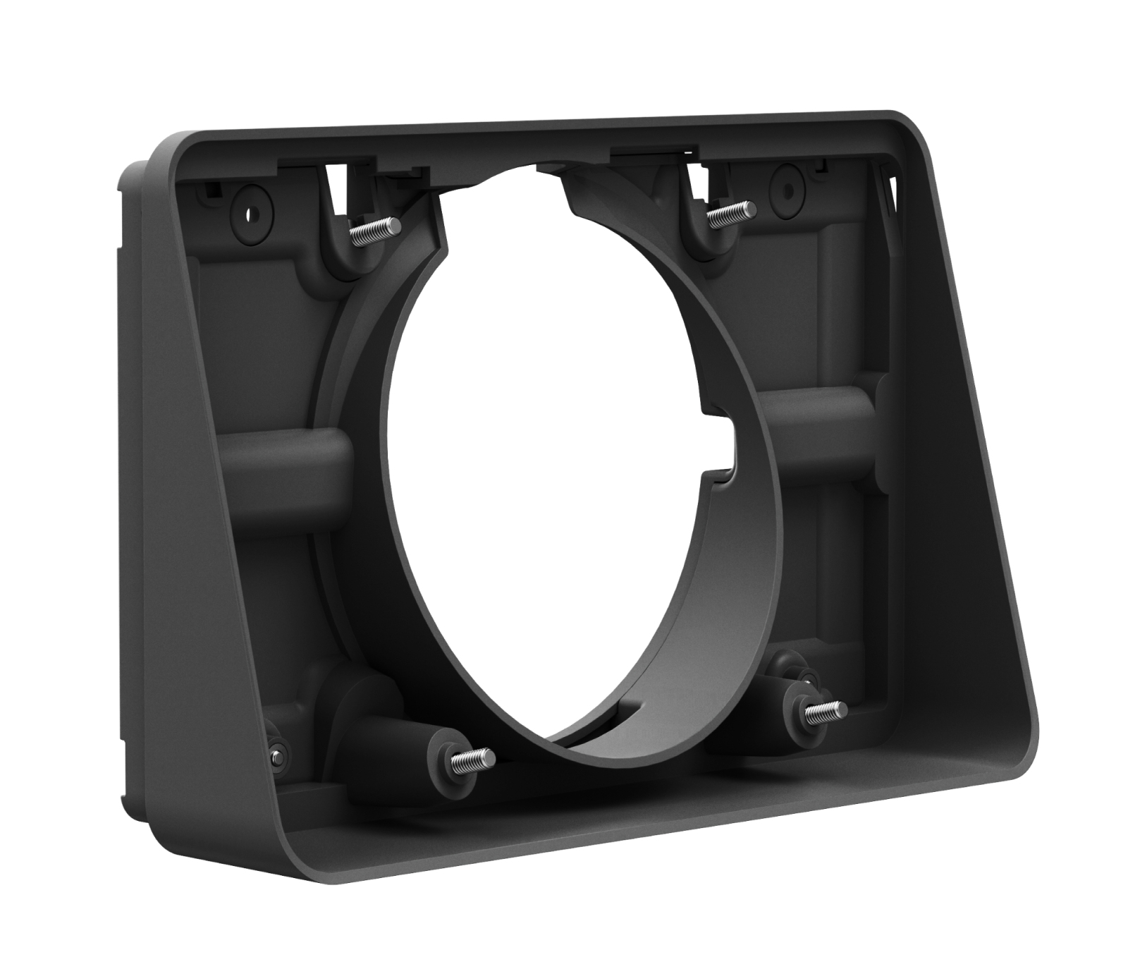 Un soporte de plástico gris oscuro, con una abertura circular central. Se ven tornillos.