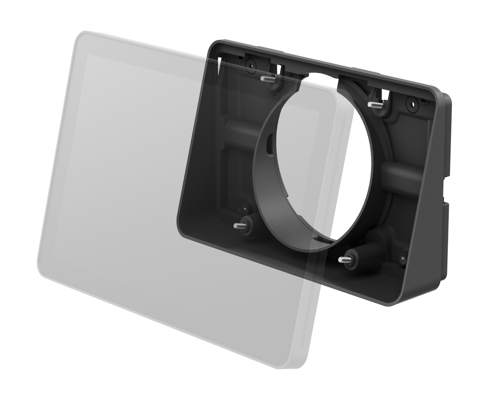 Vista explosionada de un dispositivo. Un panel transparente está delante de un marco negro. Se ven tornillos.