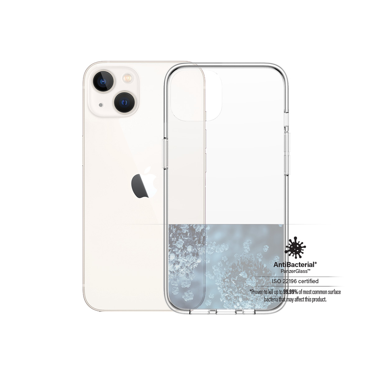 Ein iPhone mit einer durchsichtigen Hülle. Die Hülle hat ein antibakterielles Etikett. Das Telefon ist weiß mit einem schwarzen Apple-Logo.