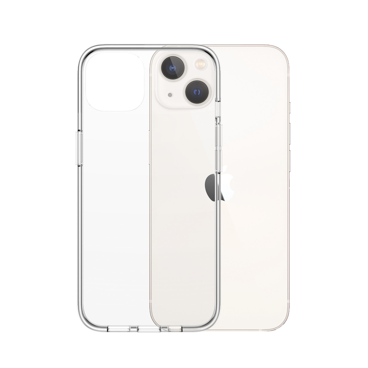 Eine transparente Handyhülle liegt auf einem weißen iPhone. Das Telefon hat zwei Kameras und ein Apple-Logo. Die Hülle ist transparent.