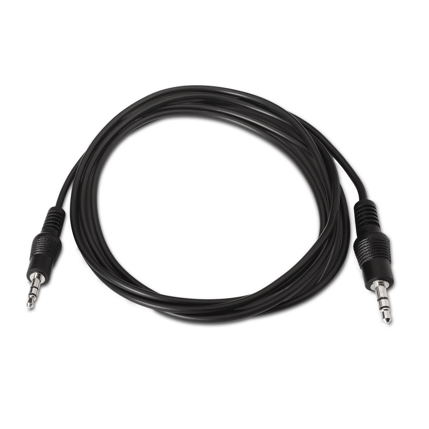 Un cable de audio negro con dos conectores jack de 3,5 mm. El cable está enrollado, sobre una superficie blanca. Los conectores son plateados y negros.