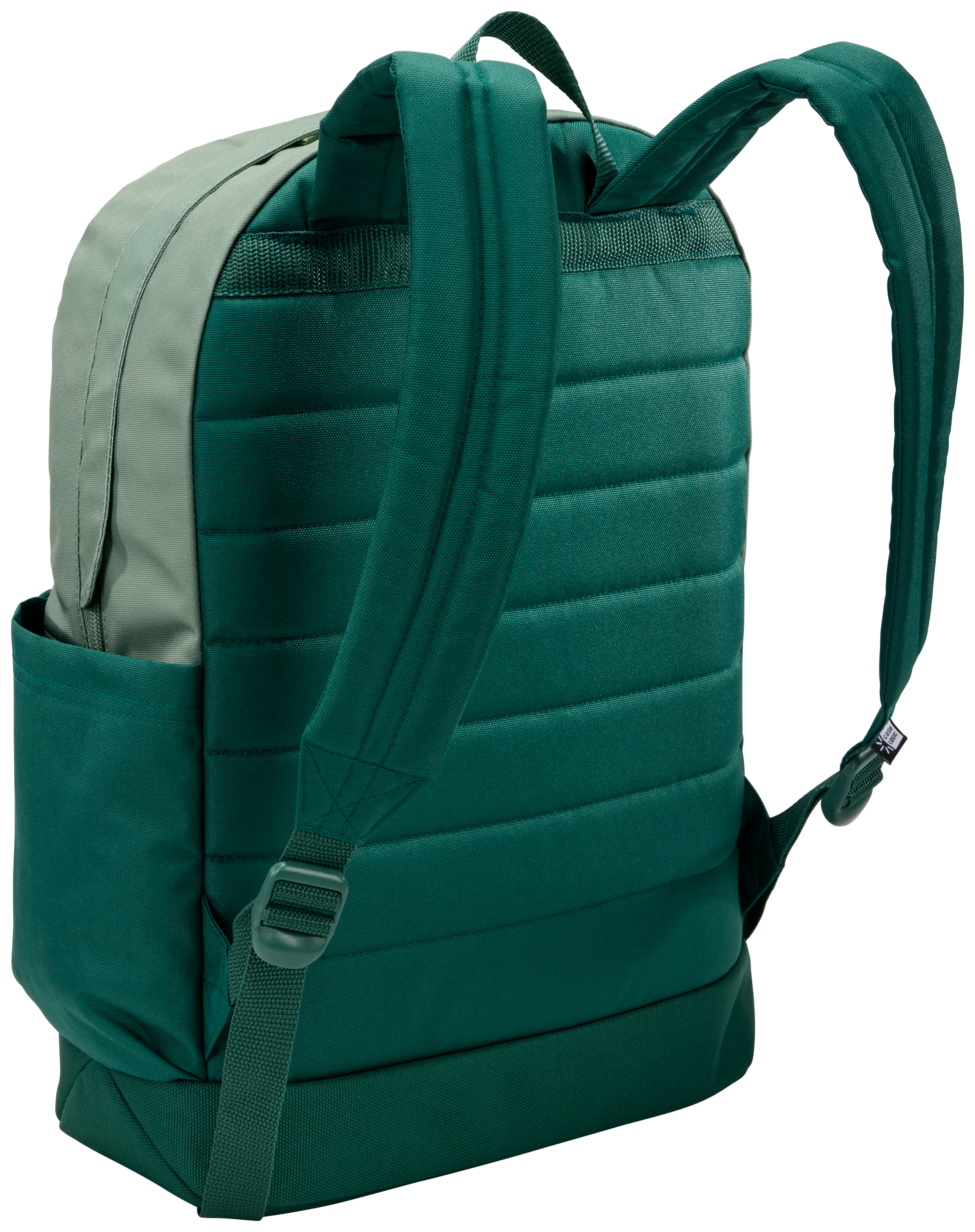 Grüner Rucksack mit gepolstertem Rücken und Trägern. Er hat eine Seitentasche und verstellbare Träger.