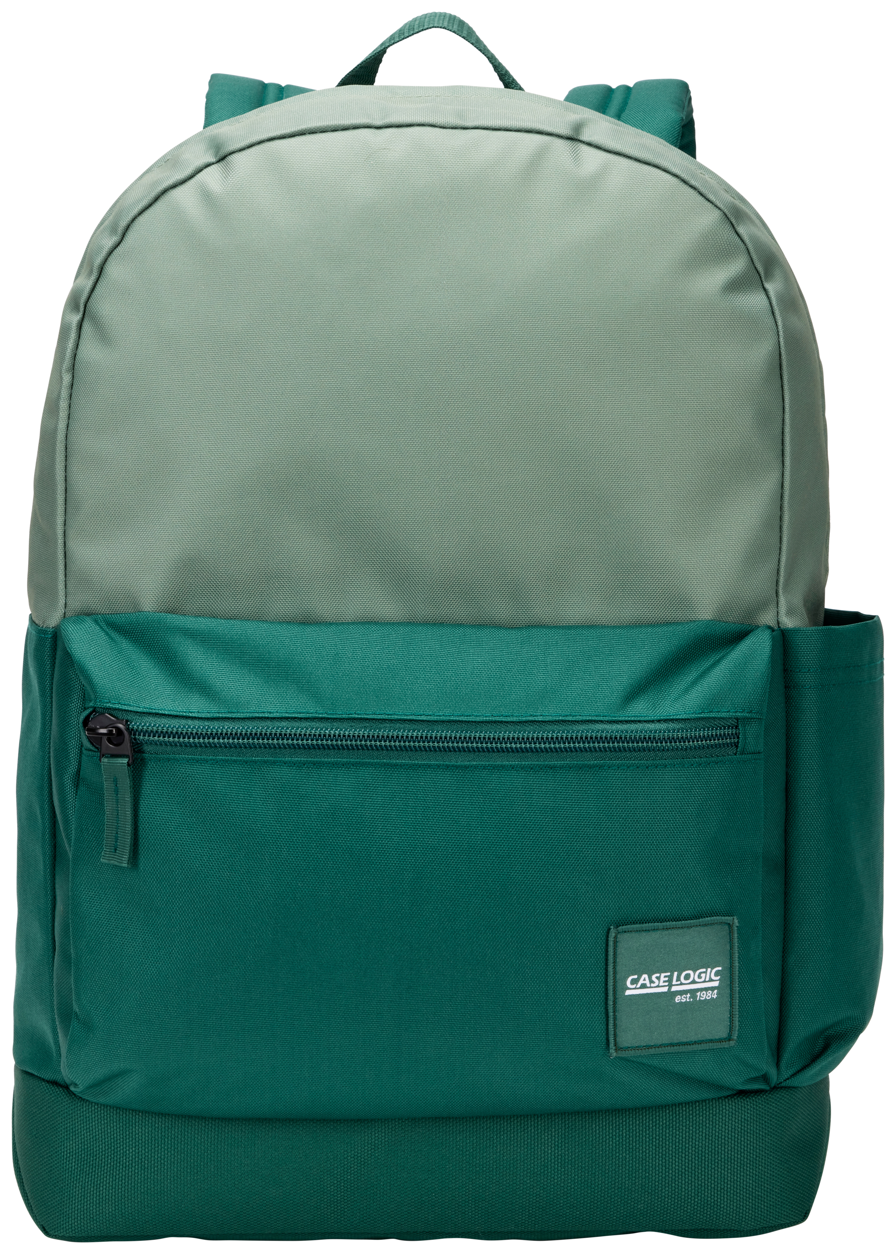 Grüner und grauer Rucksack mit Fronttasche und Case-Logic-Logo. Der obere Griff ist ebenfalls grün.