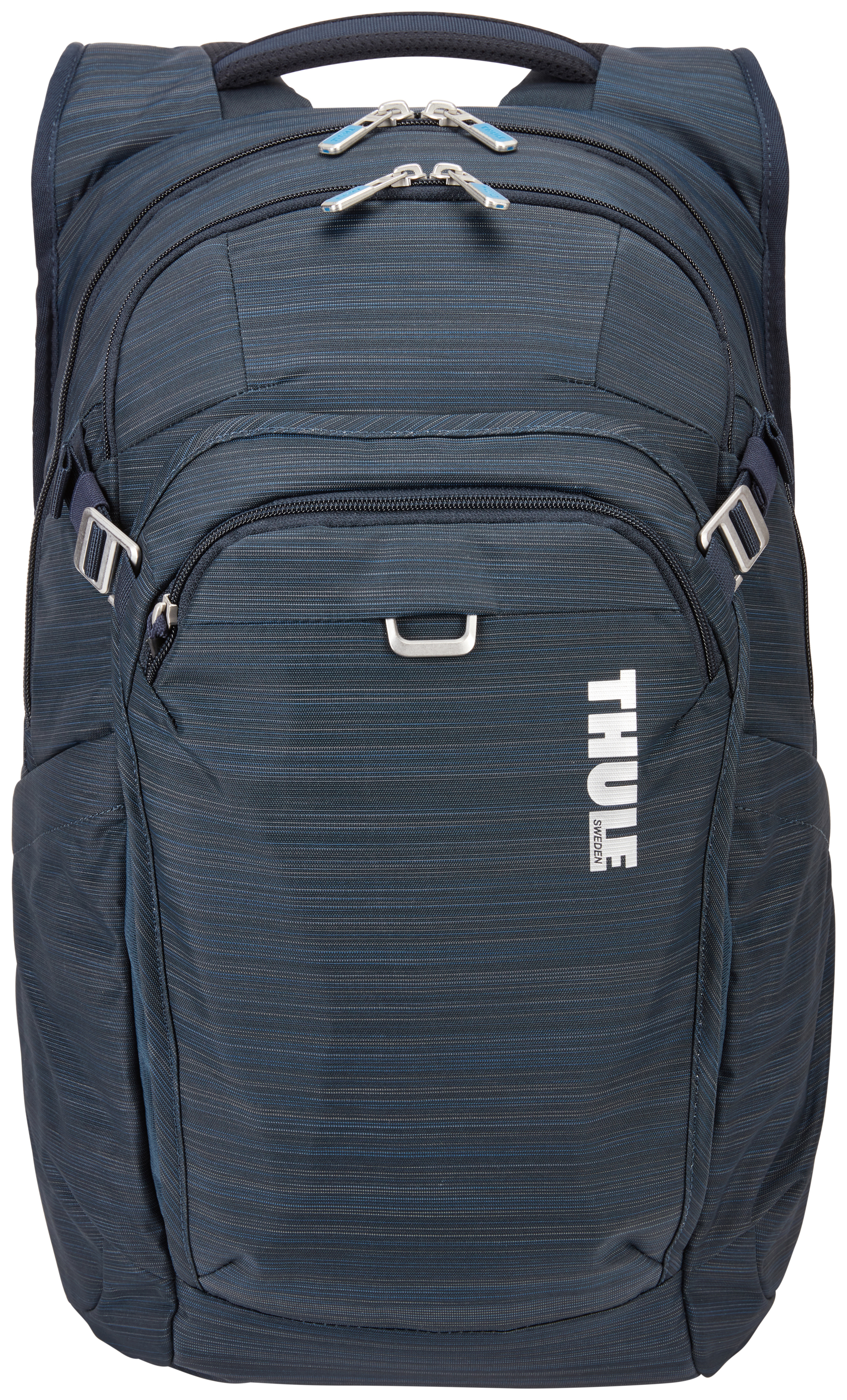 Ein dunkelblauer Thule-Rucksack mit mehreren Fächern, Reißverschlüssen und dem Markenlogo. Es ist ein strukturiertes Material und hat silberne Akzente.
