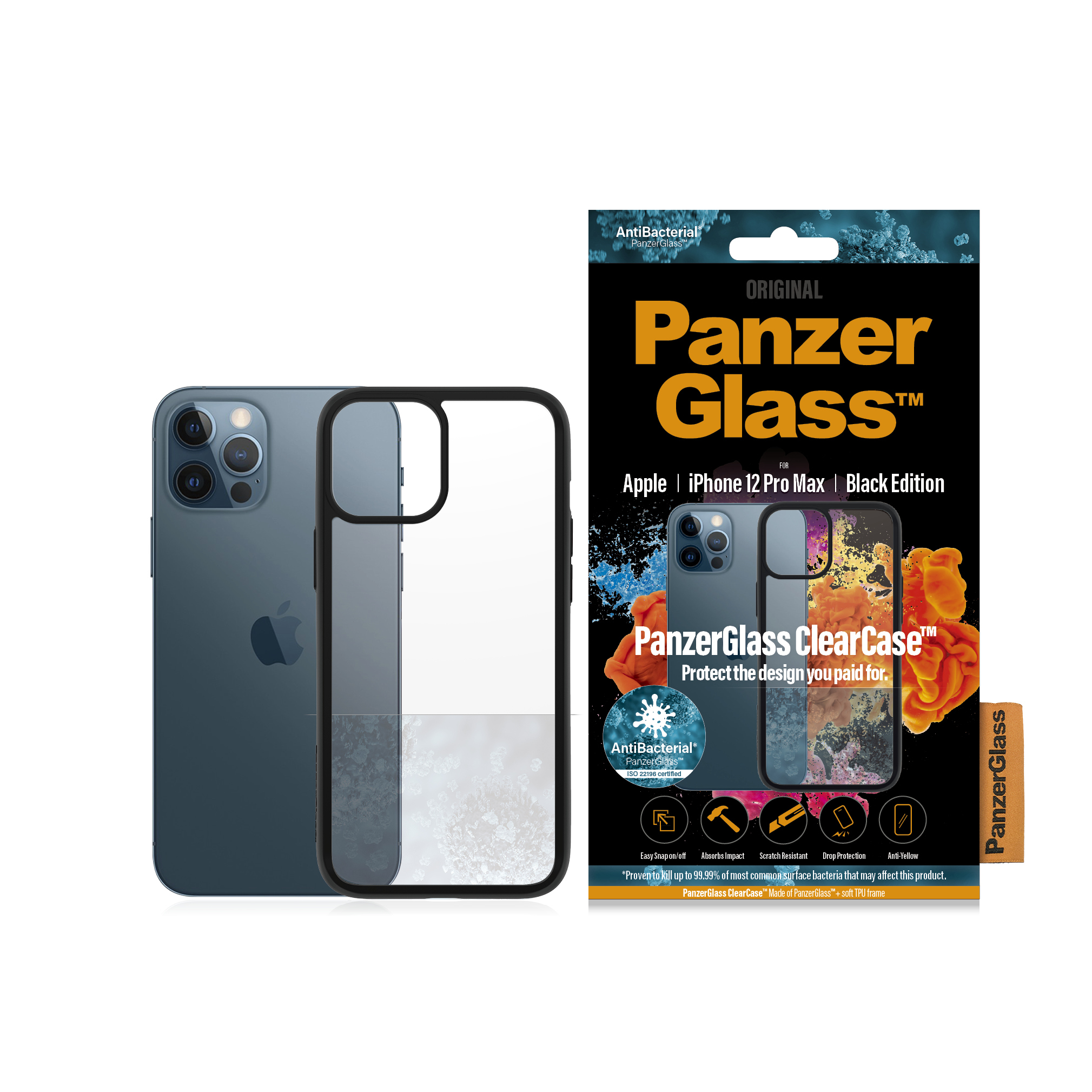 Een iPhone 12 Pro Max met een PanzerGlass hoesje. Verpakking toont hoesje, antibacteriële eigenschappen en merknaam.