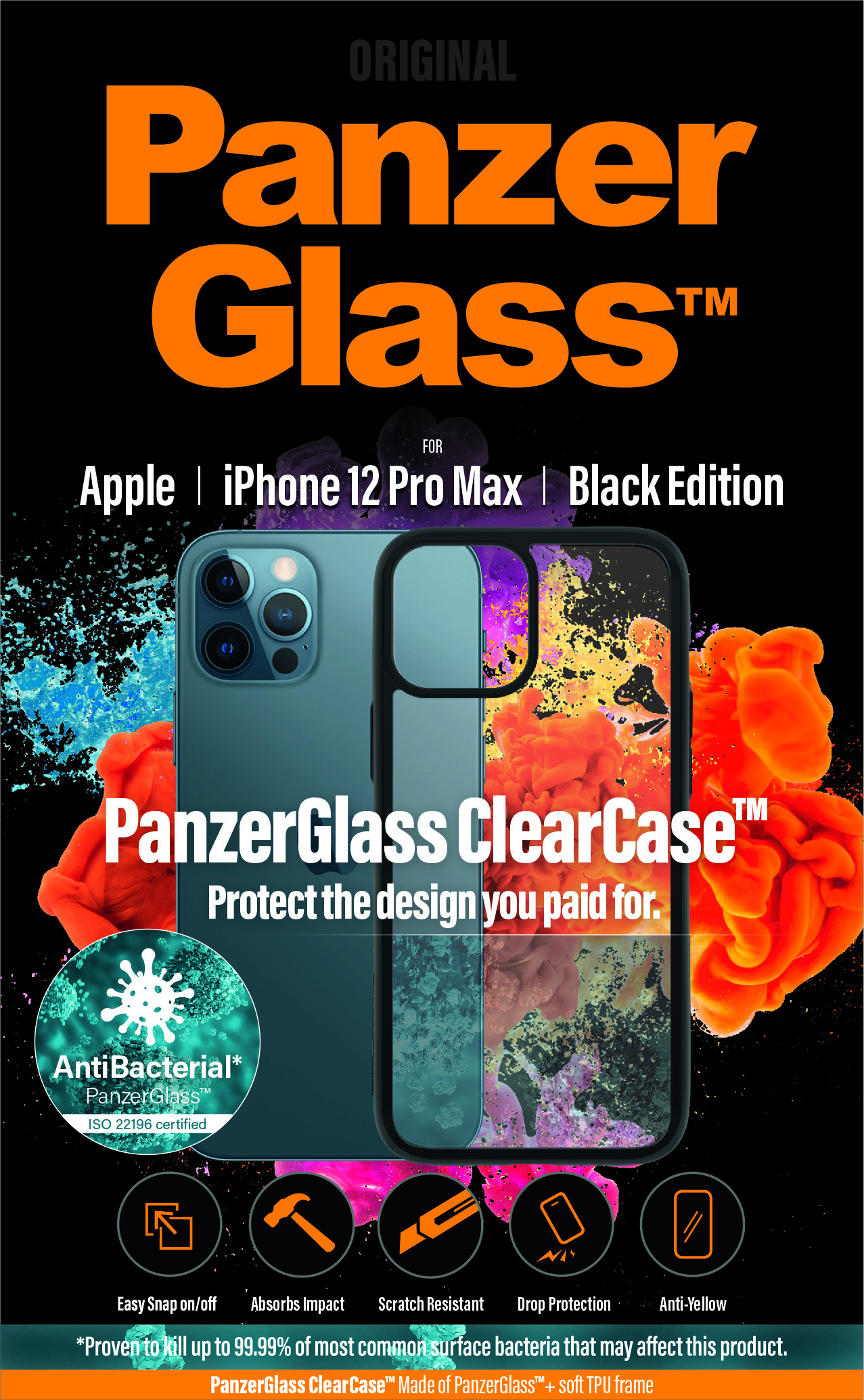 Poster toont een telefoon met een doorzichtige hoes. Tekst zegt 'PanzerGlass' en 'ClearCase'. Kleuren zijn zwart, oranje en blauwgroen.