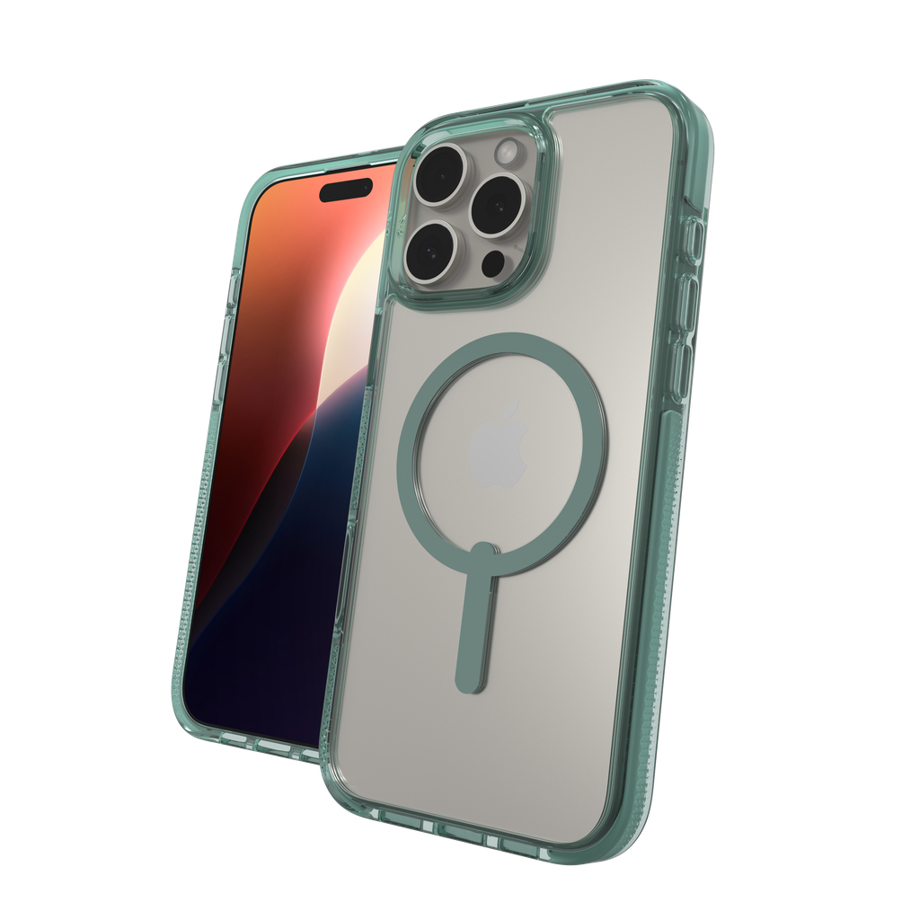 Een iPhone met een doorzichtige beschermhoes. De hoes heeft een groen frame en een magnetische cirkel. De telefoon toont een kleurrijke achtergrond.