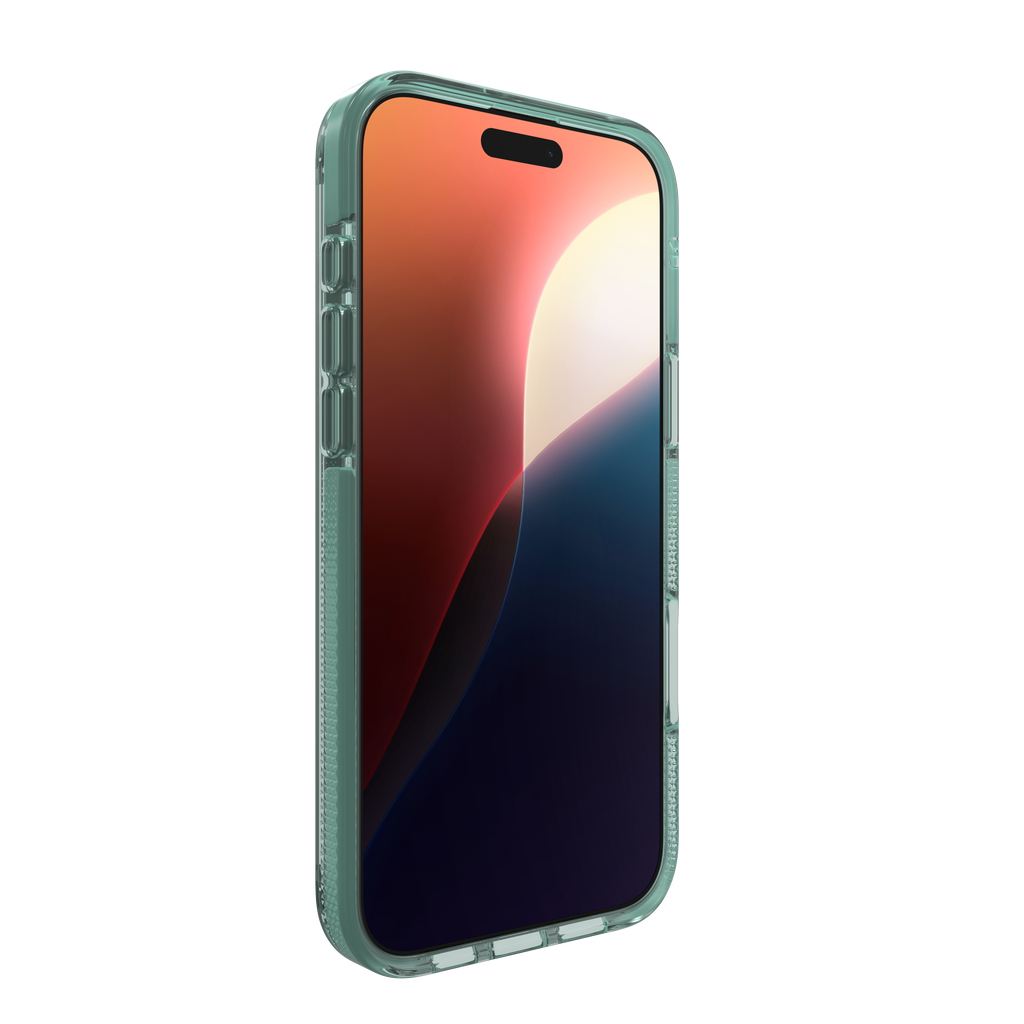 Een iPhone in een groene hoes, met het scherm met rode, oranje en blauwe verlopen, op een witte achtergrond.