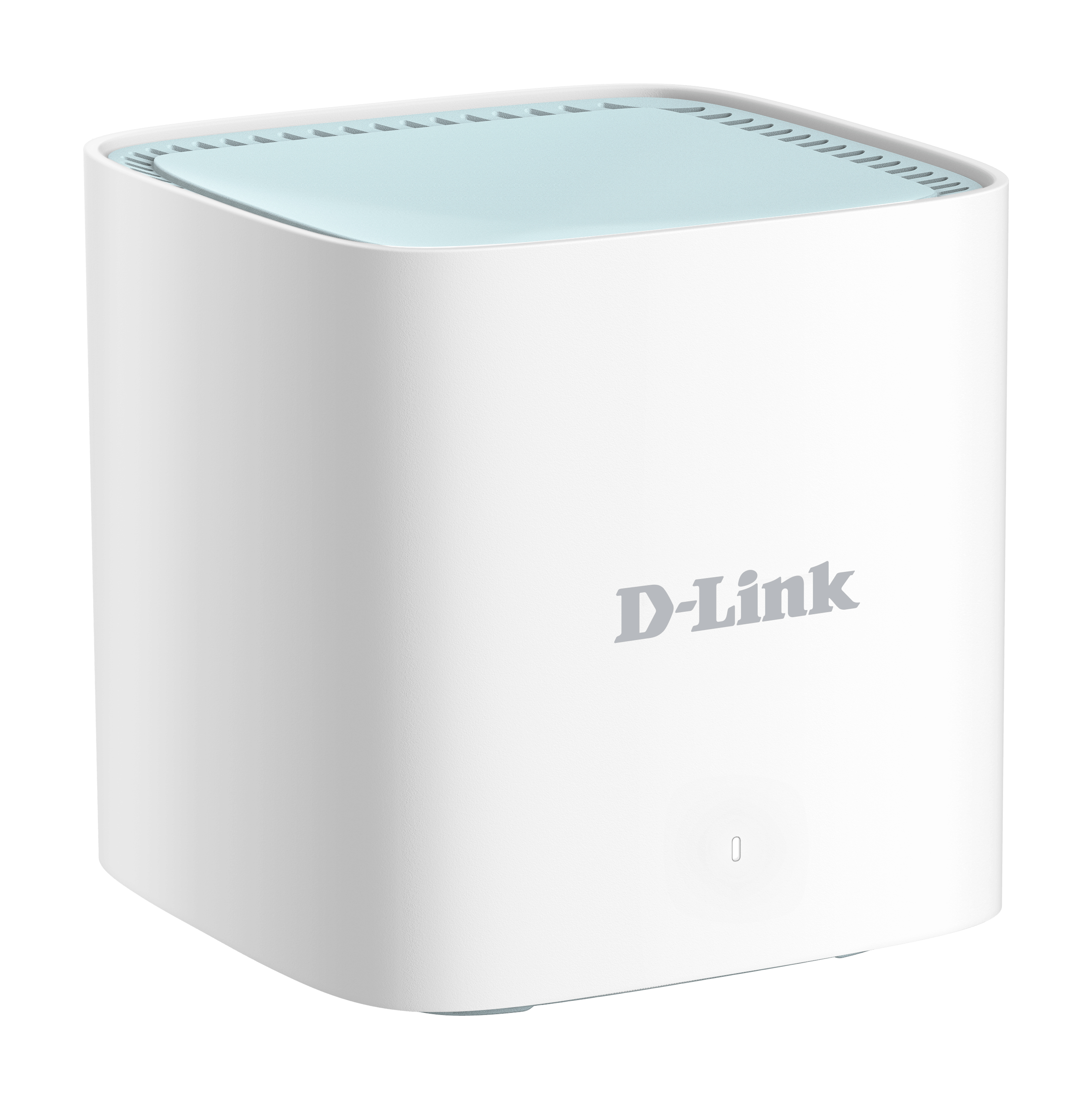Biały router D-Link z jasnoniebieskim wierzchem. Logo D-Link jest szare.
