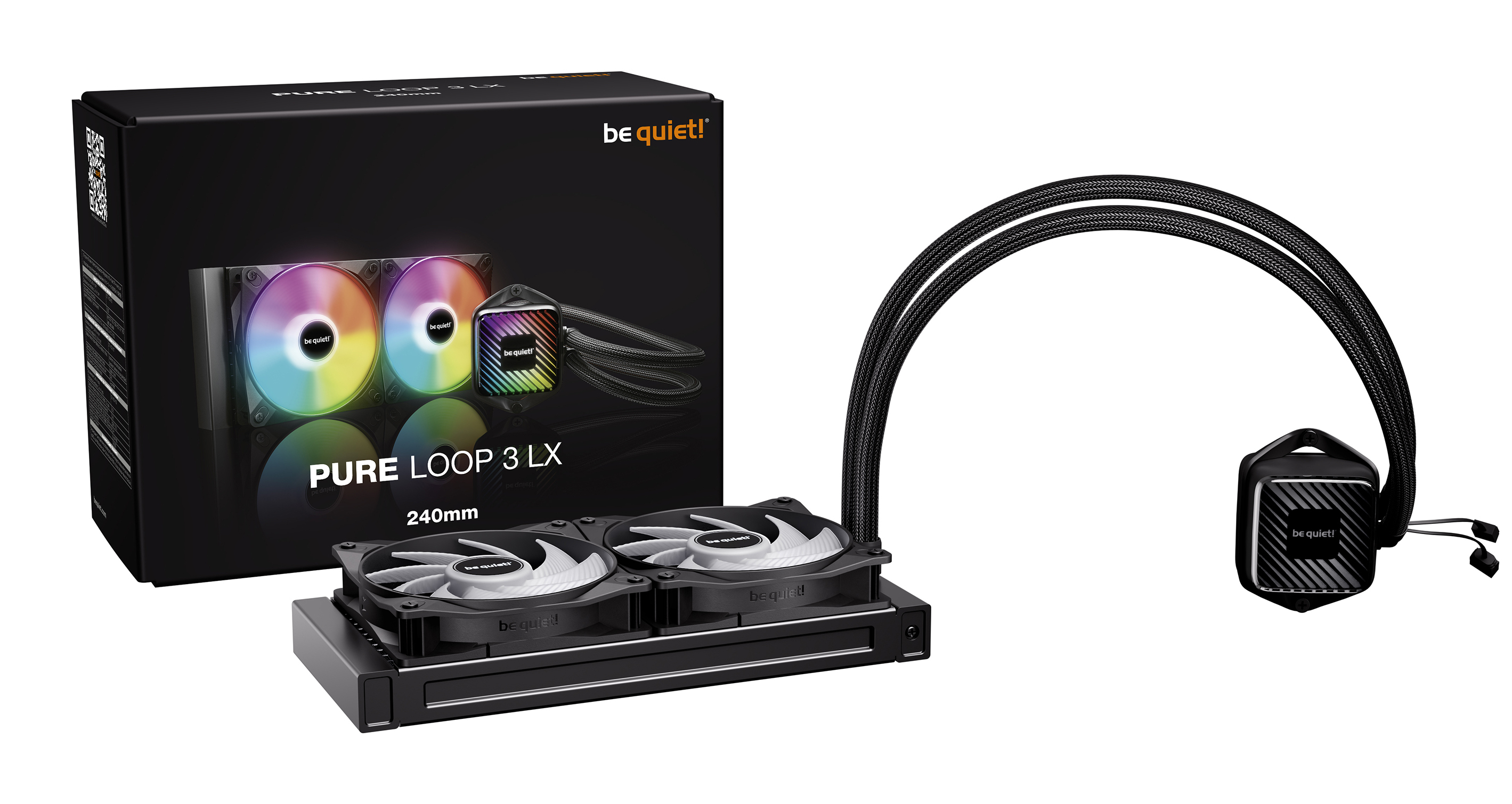 A computer liquid cooling system with two fans and a radiator is displayed. The box shows the product name, Pure Loop 3 LX.