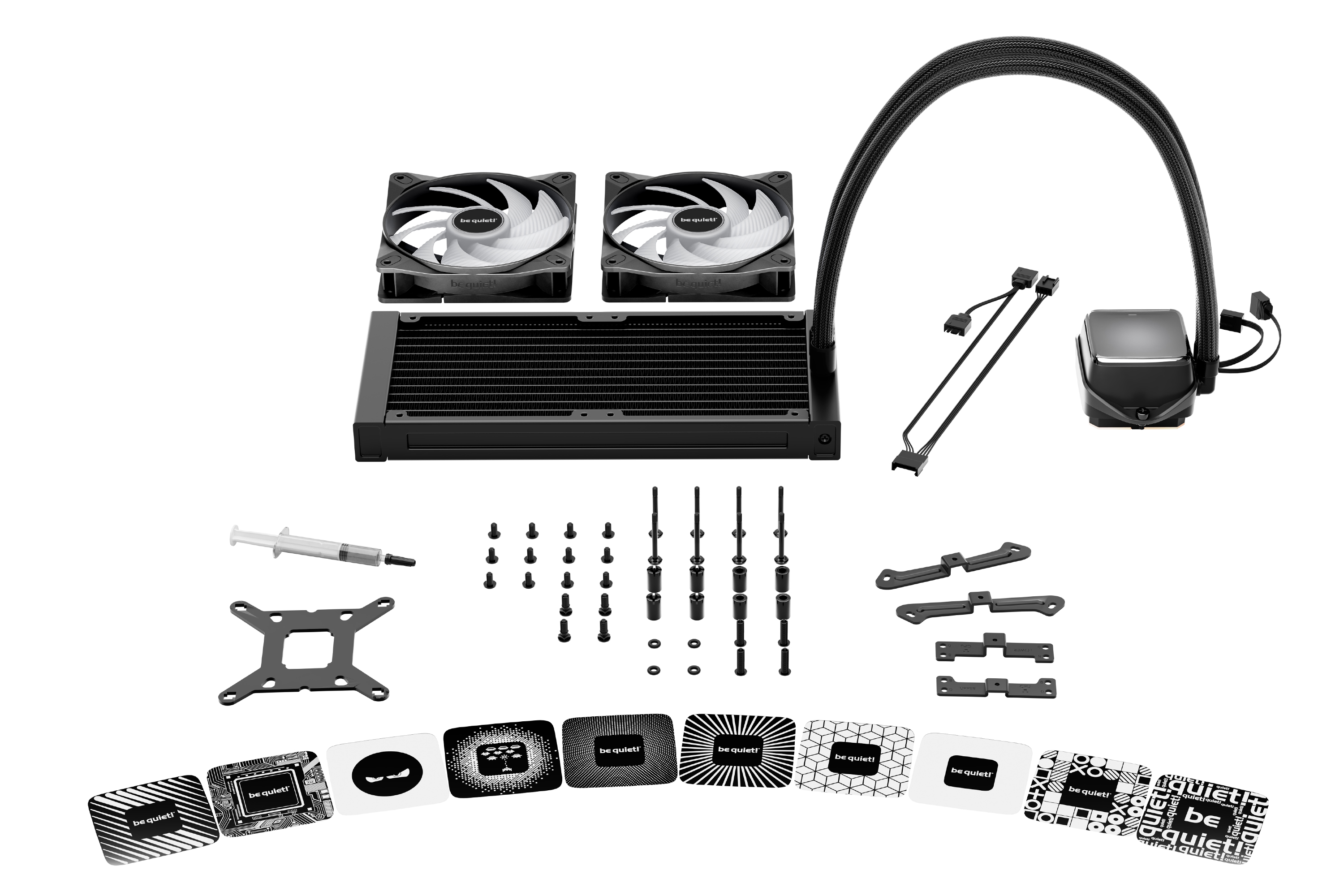 A computer liquid cooler kit, including fans, radiator, tubes, pump, mounting hardware, and thermal paste, on white.