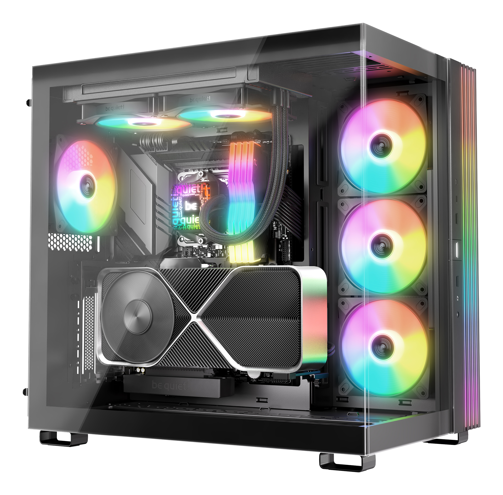 A computer case with rainbow LED fans and components. A graphics card is visible. The case is transparent.