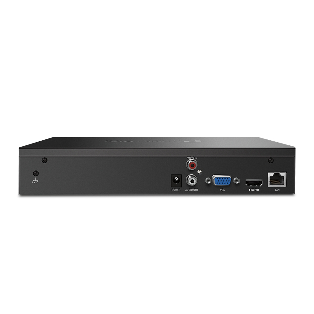 Un dispositivo elettronico nero con varie porte di ingresso/uscita: audio, alimentazione, VGA, HDMI e LAN. Etichette stampate.