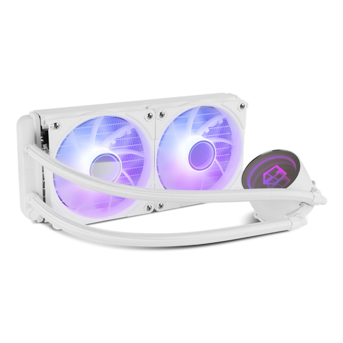 Weißer PC-Flüssigkeitskühler mit zwei Lüftern und einer Pumpe. Die Lüfter haben violette und blaue LEDs. Schläuche verbinden die Komponenten.