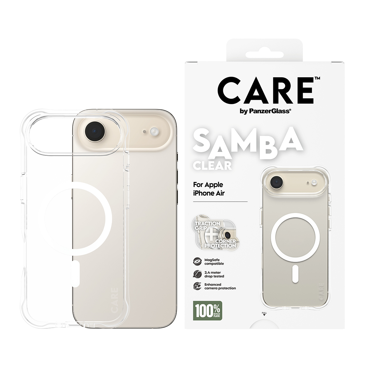 Coque transparente pour iPhone sur une boîte blanche. La boîte indique CARE, SAMBA CLEAR pour iPhone Air. Détails de l'appareil photo et MagSafe.
