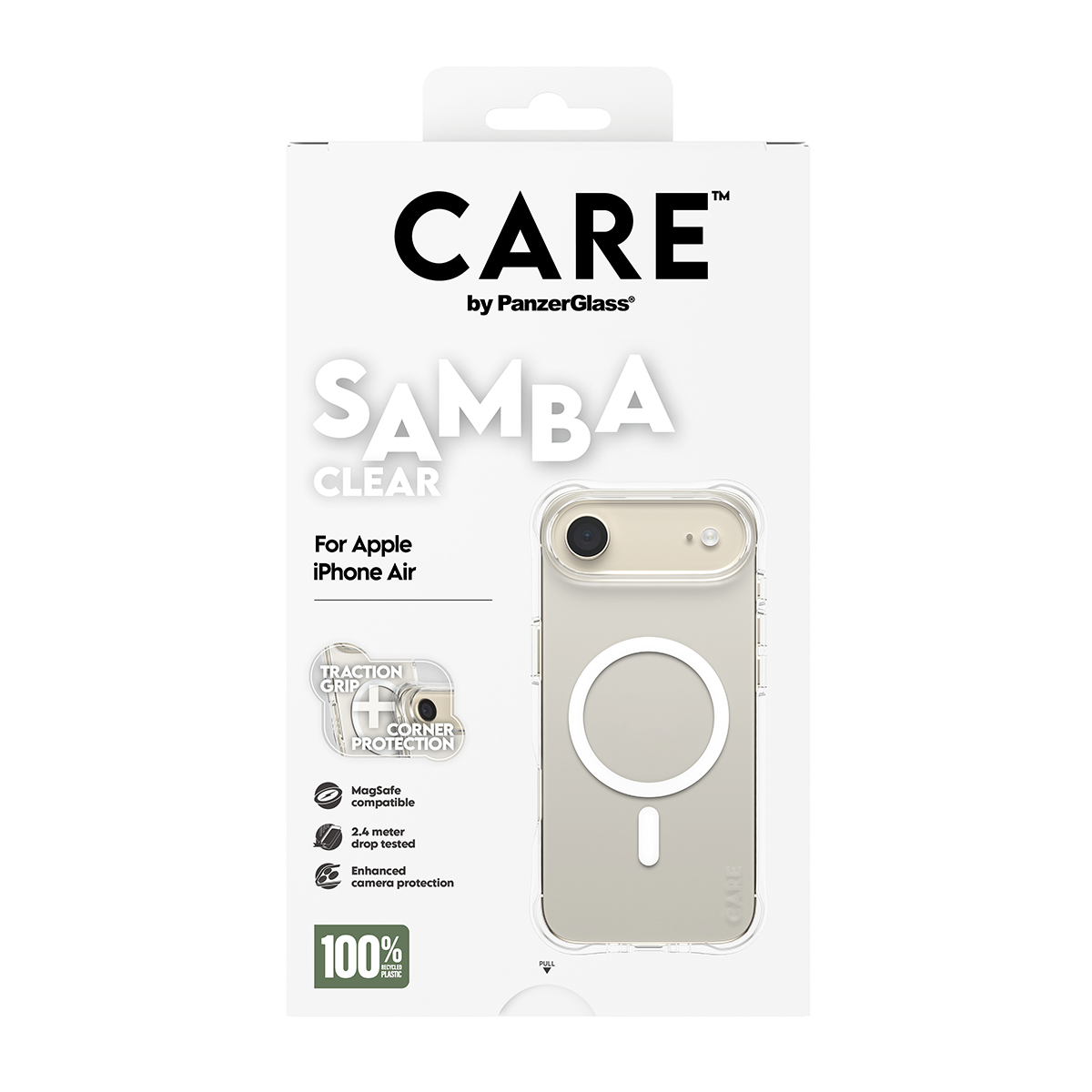 Une coque pour iPhone Air, étiquetée 'CARE' par PanzerGlass, avec 'SAMBA CLEAR'. Comprend une adhérence, MagSafe et une protection de caméra améliorée.