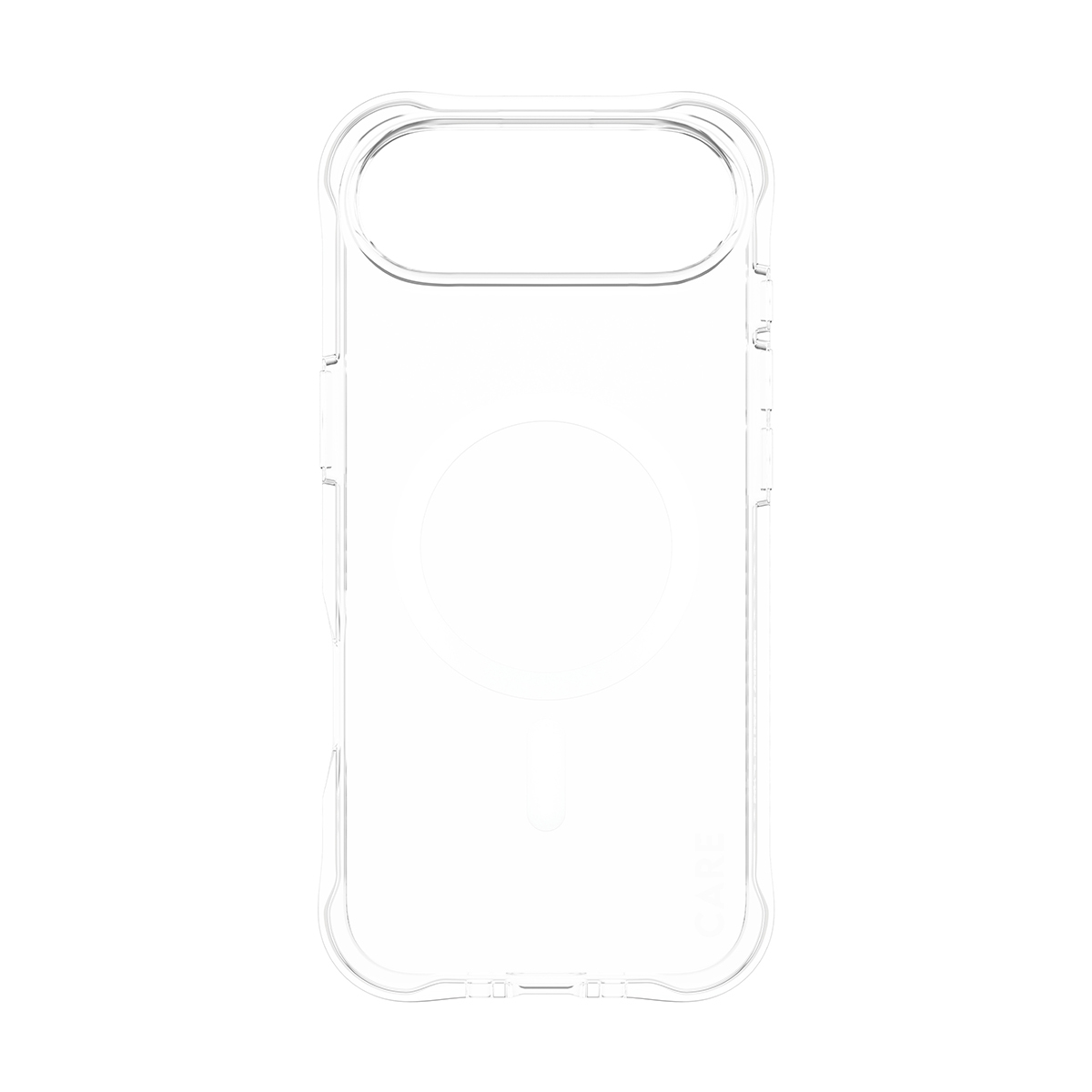Une coque de téléphone claire et transparente. Elle a une découpe pour l'appareil photo et un design circulaire au dos. Sur fond blanc.
