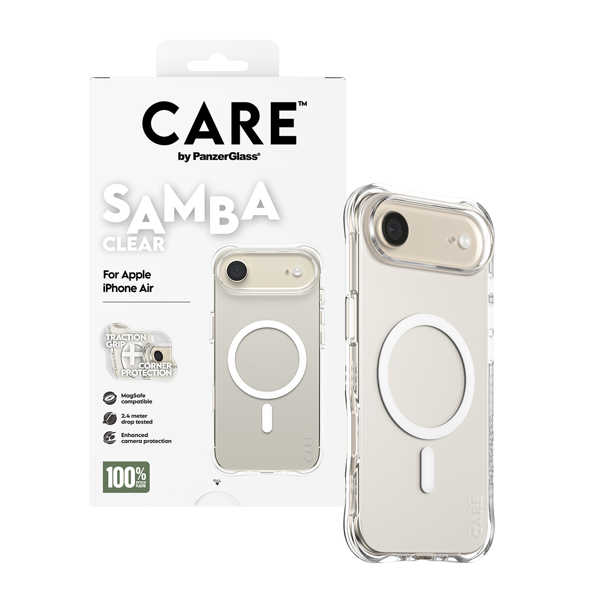 Coque transparente pour iPhone Air, avec MagSafe, dans son emballage. Texte : CARE, SAMBA CLEAR. Caractéristiques : adhérence, protection des coins.
